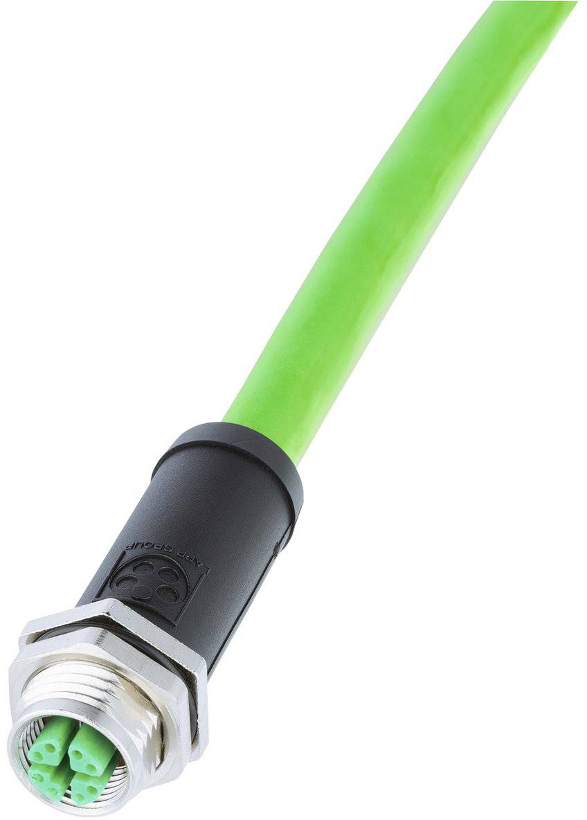 L'image montre un câble industriel M12 vert avec un connecteur métallique, adapté pour une utilisation dans des environnements difficiles.