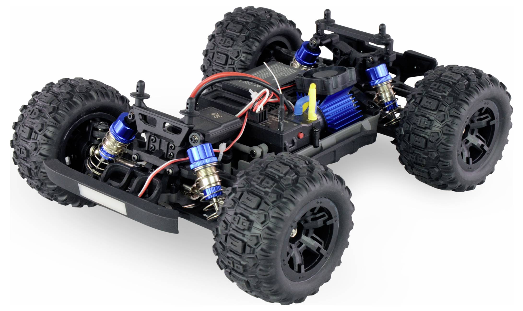 Un châssis de voiture télécommandée avec de grandes roues, propulsion électrique et amortisseurs. Adapté pour les trajets tout-terrain.