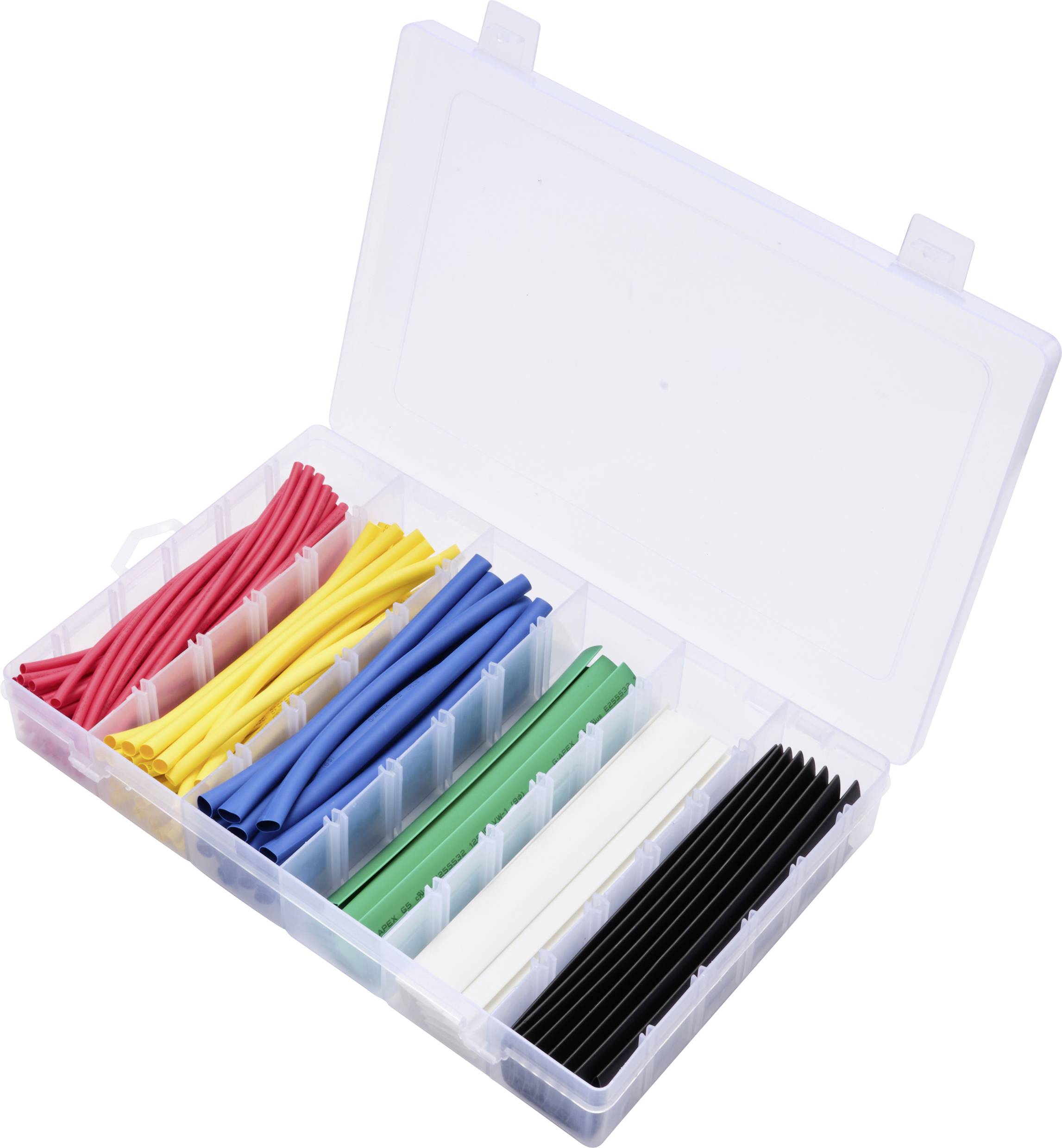 Une boîte ouverte contenant des gaines thermorétractables de couleurs rouge, jaune, bleue, verte, blanche et noire, soigneusement rangées dans des compartiments.