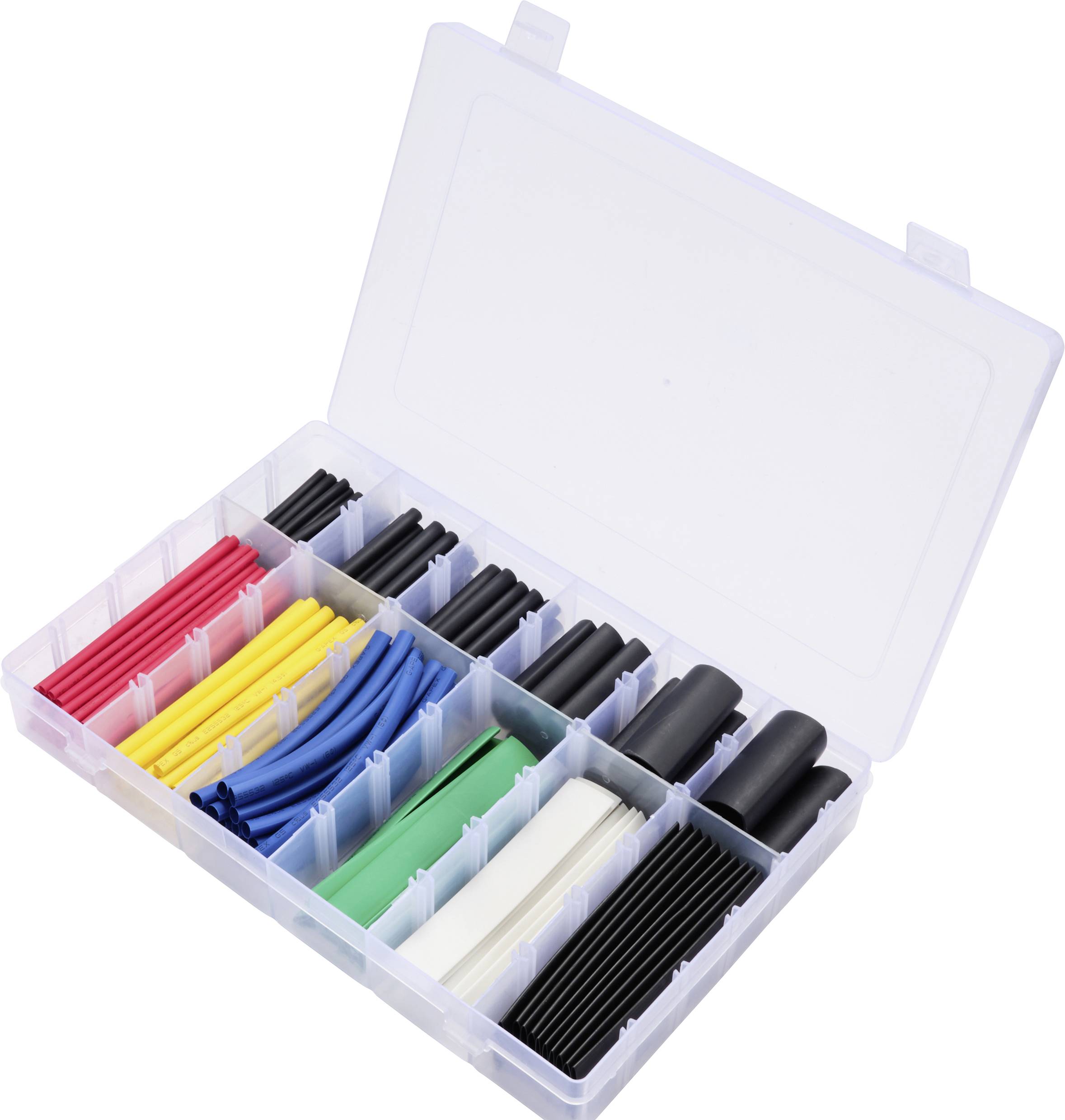 Une boîte en plastique transparente ouverte, organisée en compartiments avec différents tubes thermorétractables de couleurs.
