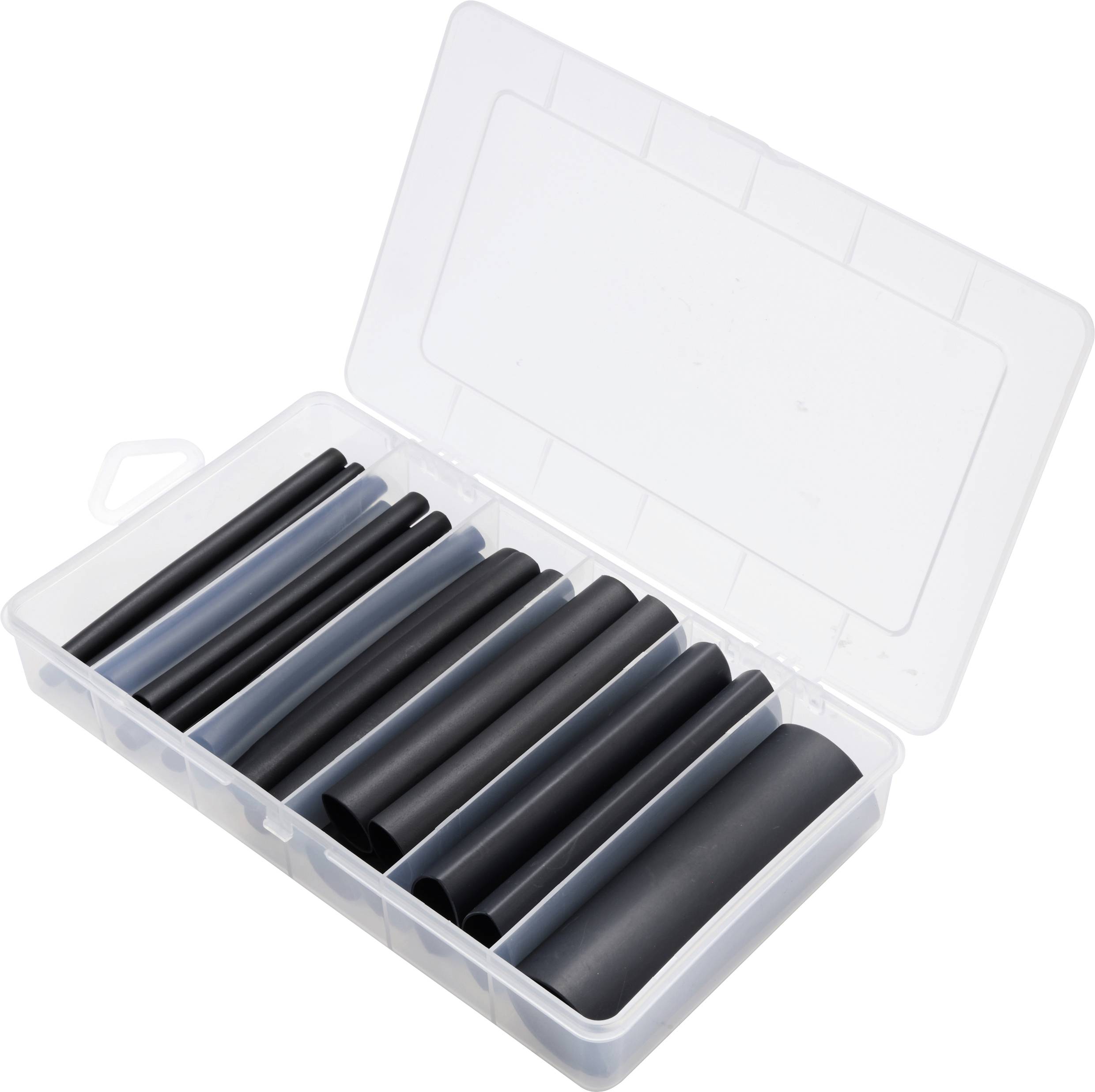 Un récipient en plastique transparent et ouvert contient différentes tailles de gaines thermorétractables noires, soigneusement rangées.