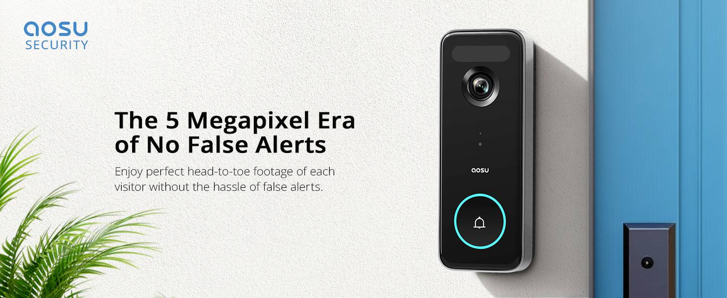 Caméra Türkamera d'Aosu à côté d'une porte bleue, fait la promotion de vidéo 5 mégapixels pour des enregistrements clairs des visiteurs sans fausses alertes.