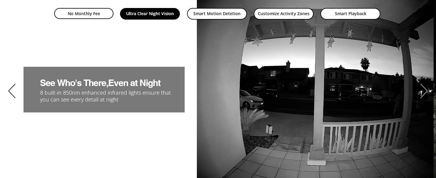 Quartier résidentiel la nuit vu par caméra de surveillance, lumières infrarouges vives montrant un espace extérieur clair. Texte : « Voyez qui est là, même la nuit. »