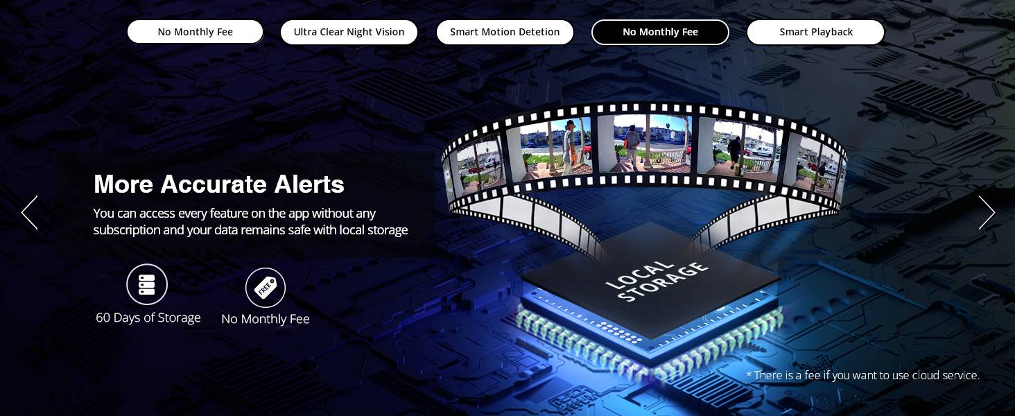 'Gros plan d'une carte de circuit imprimé de microprocesseur avec un film montrant des images de caméra. Texte : Des alertes plus précises, stockage de 60 jours, aucun frais mensuel.'