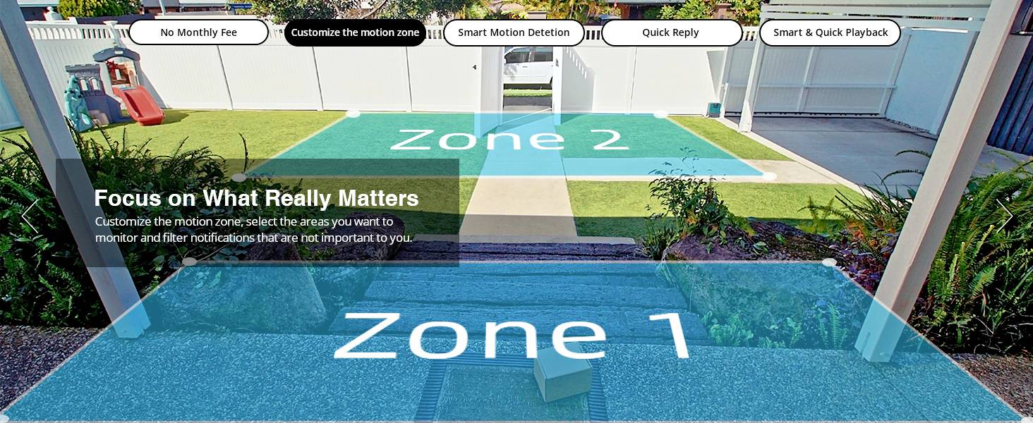 Un jardin avec deux zones marquées, la Zone 1 au premier plan, la Zone 2 plus en arrière. Texte en haut faisant référence aux options de surveillance et de filtrage.