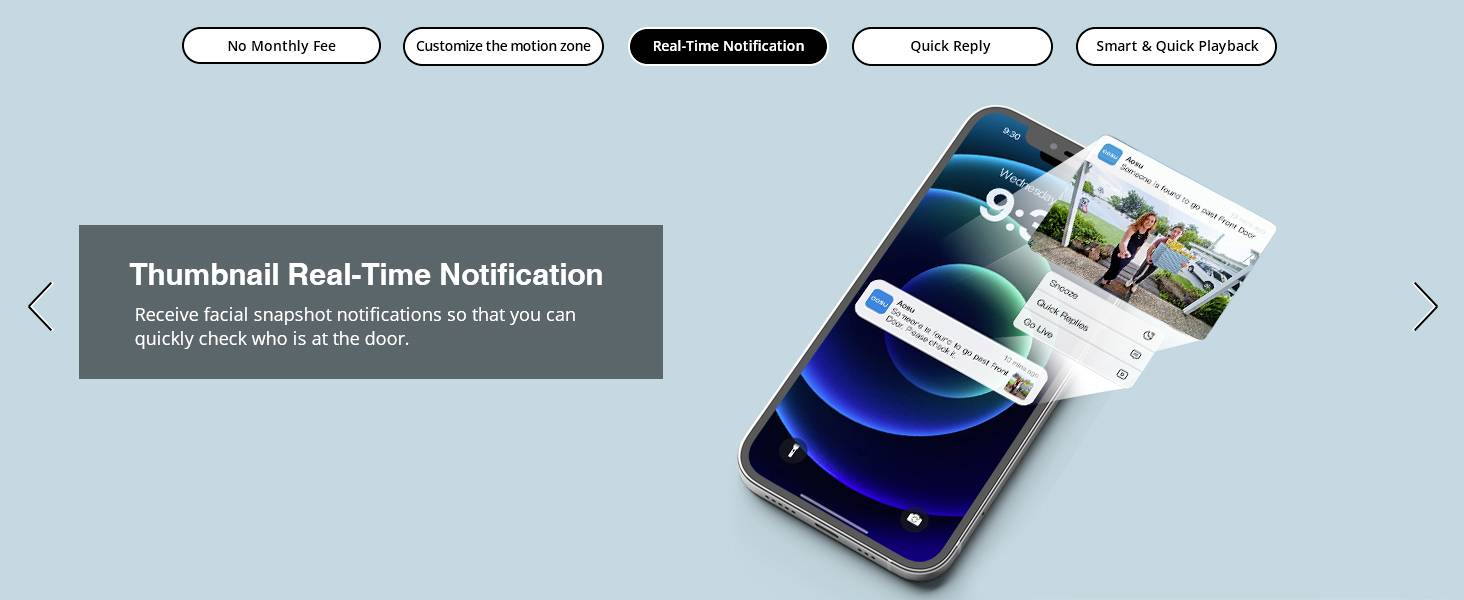 Notification en temps réel avec vignette affiche un smartphone présentant des notifications accompagnées d'images. Contexte : surveillance, mises à jour rapides de porte.