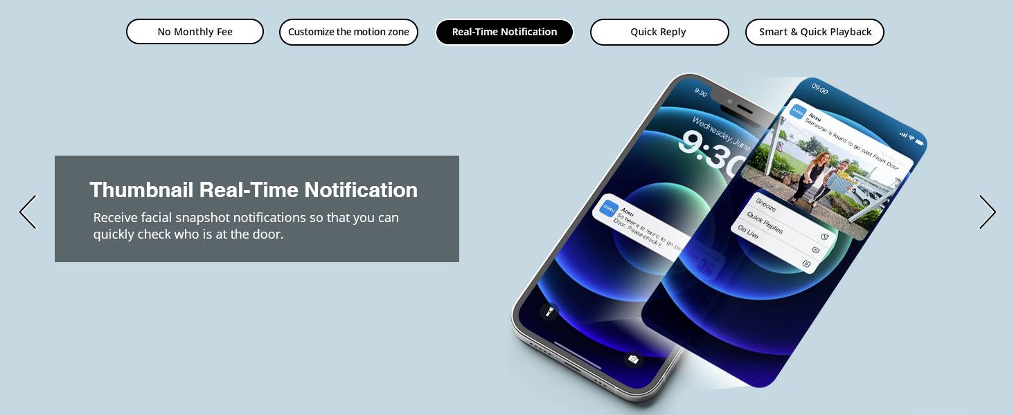 Deux smartphones affichent des notifications de prévisualisations d'images en temps réel. Texte : 'Notification de miniature en temps réel', pour reconnaître les visages à la porte.