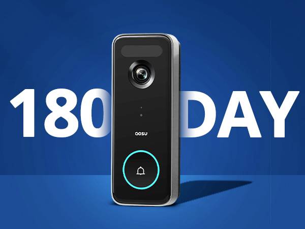 Une sonnette de porte vidéo noir avec caméra et bouton d'appel, placée devant un fond bleu. En arrière-plan, il est écrit '180 JOUR'.