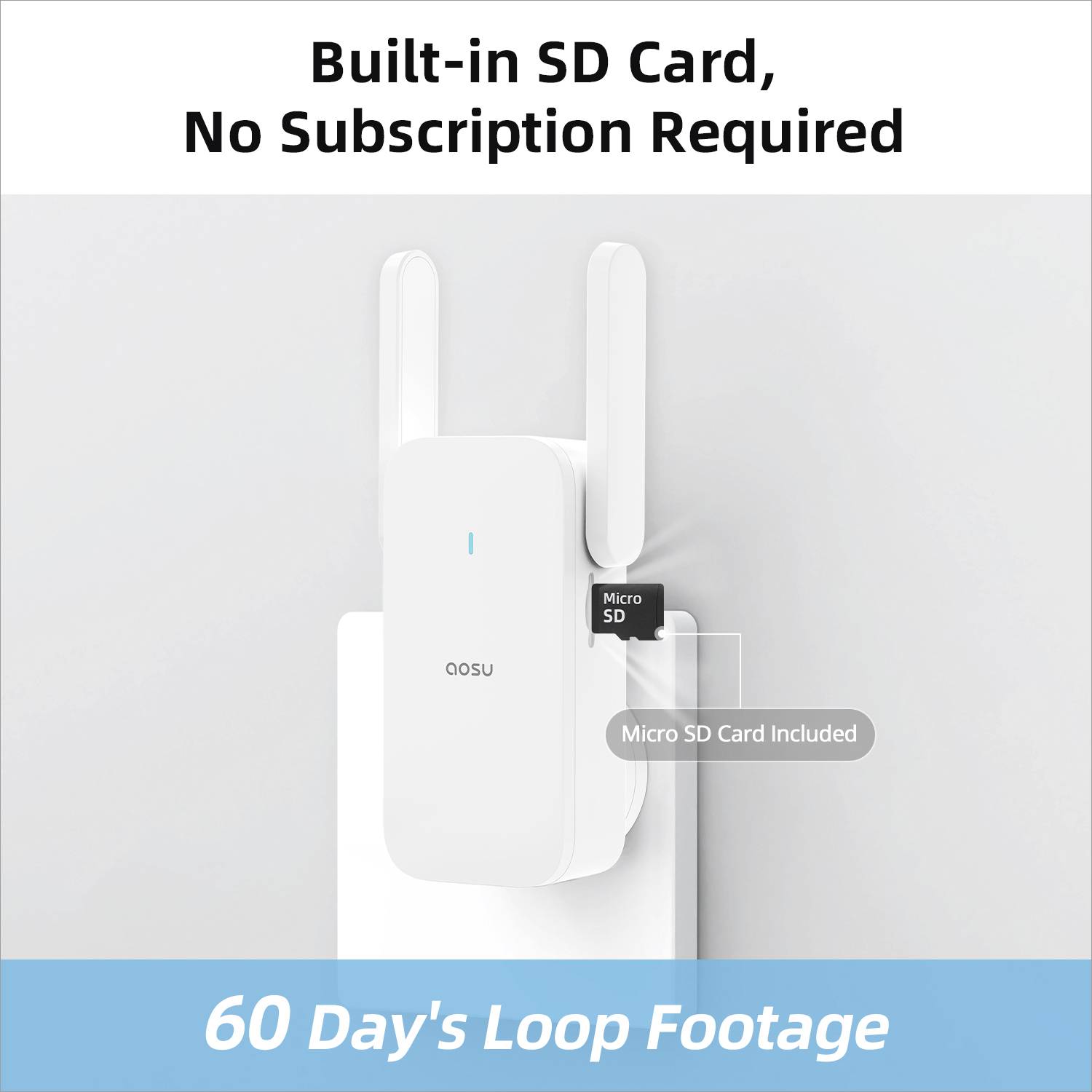 L'illustration présente un dispositif de surveillance blanc avec une carte SD, accompagné de l'inscription « Carte SD intégrée, Aucun abonnement requis », et indique que 60 jours d'enregistrements peuvent être stockés sur la carte mémoire.