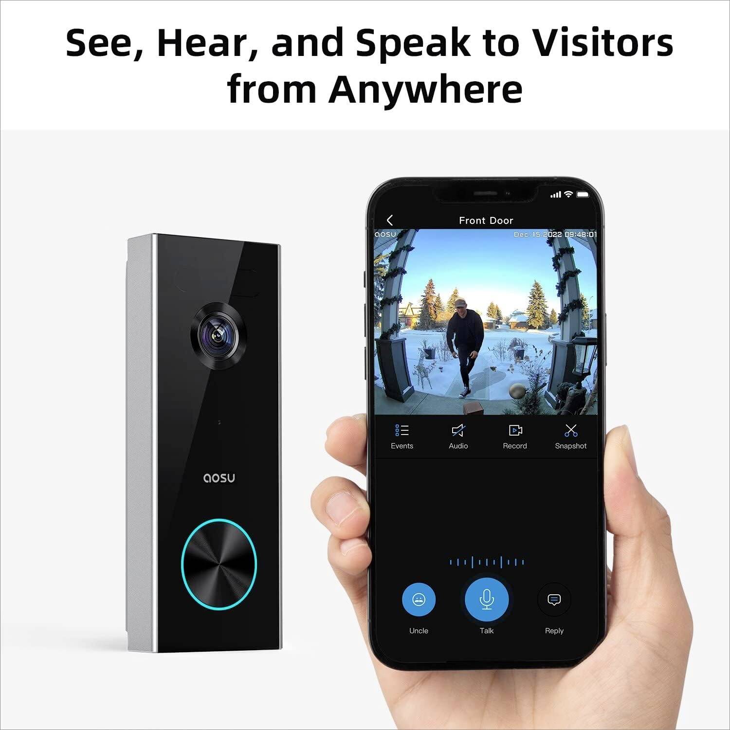 Interphone vidéo affiche un aperçu des visiteurs sur smartphone. Texte : « Voir, entendre et parler avec les visiteurs de n'importe où ».