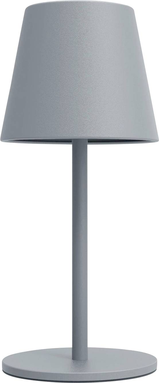 Lampe de table grise au pied cylindrique élancé et à l'abat-jour conique, au design moderne et minimaliste.