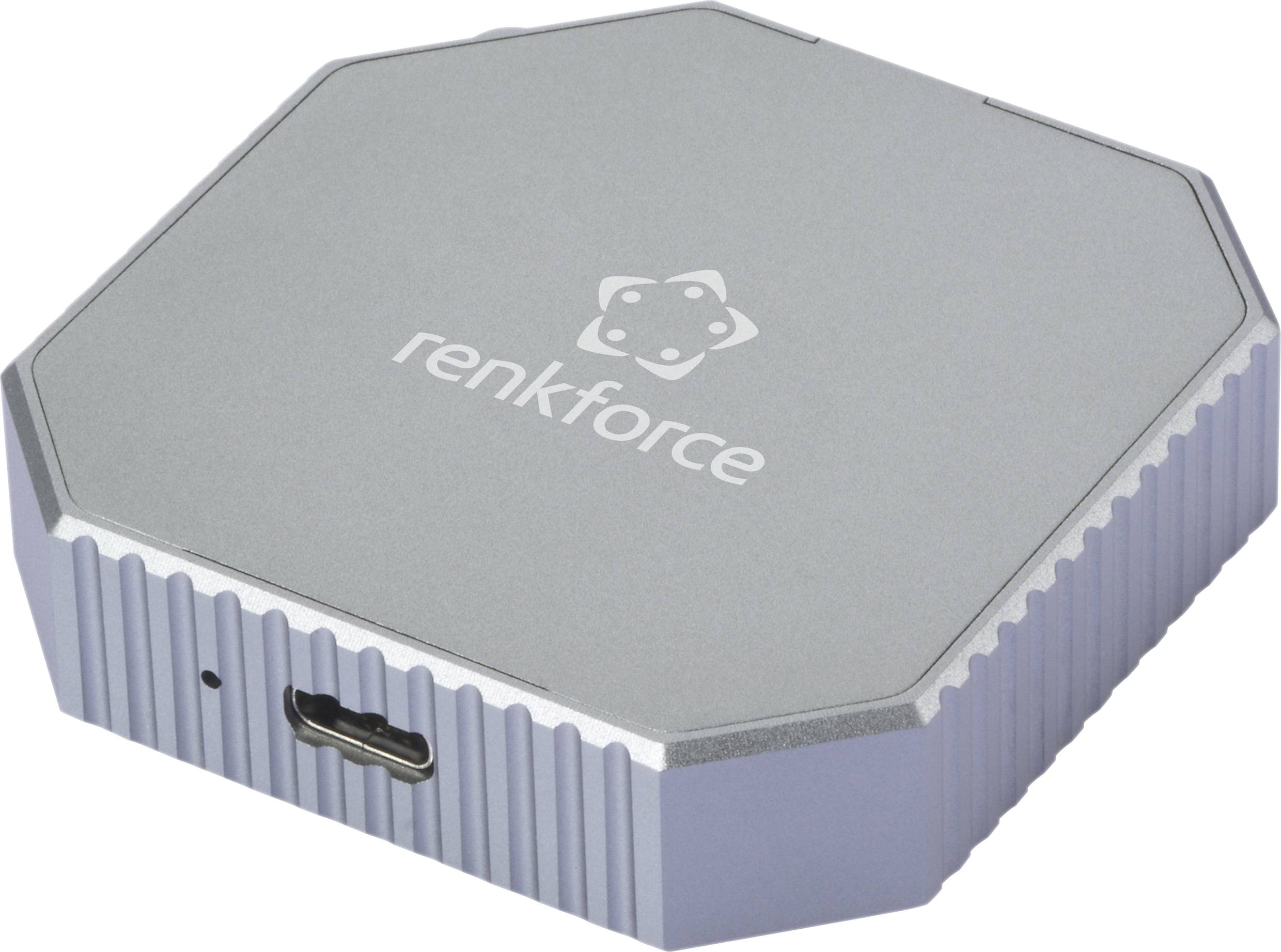 Un appareil argenté, hexagonal, doté d'un port USB et portant le nom de marque 'renkforce' sur le dessus.