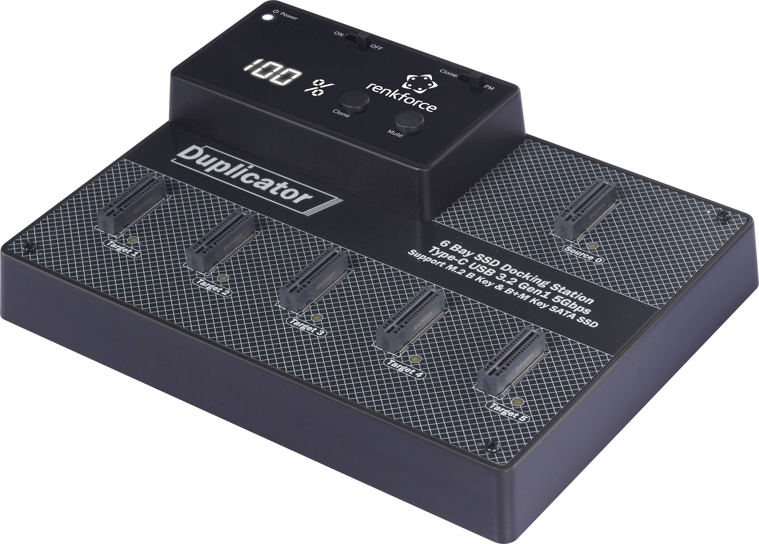 Duplicateur Renkforce avec cinq emplacements SSD, affichage LED et panneau de commande pour la duplication de SSD, USB 3.0, SATA, IDE.