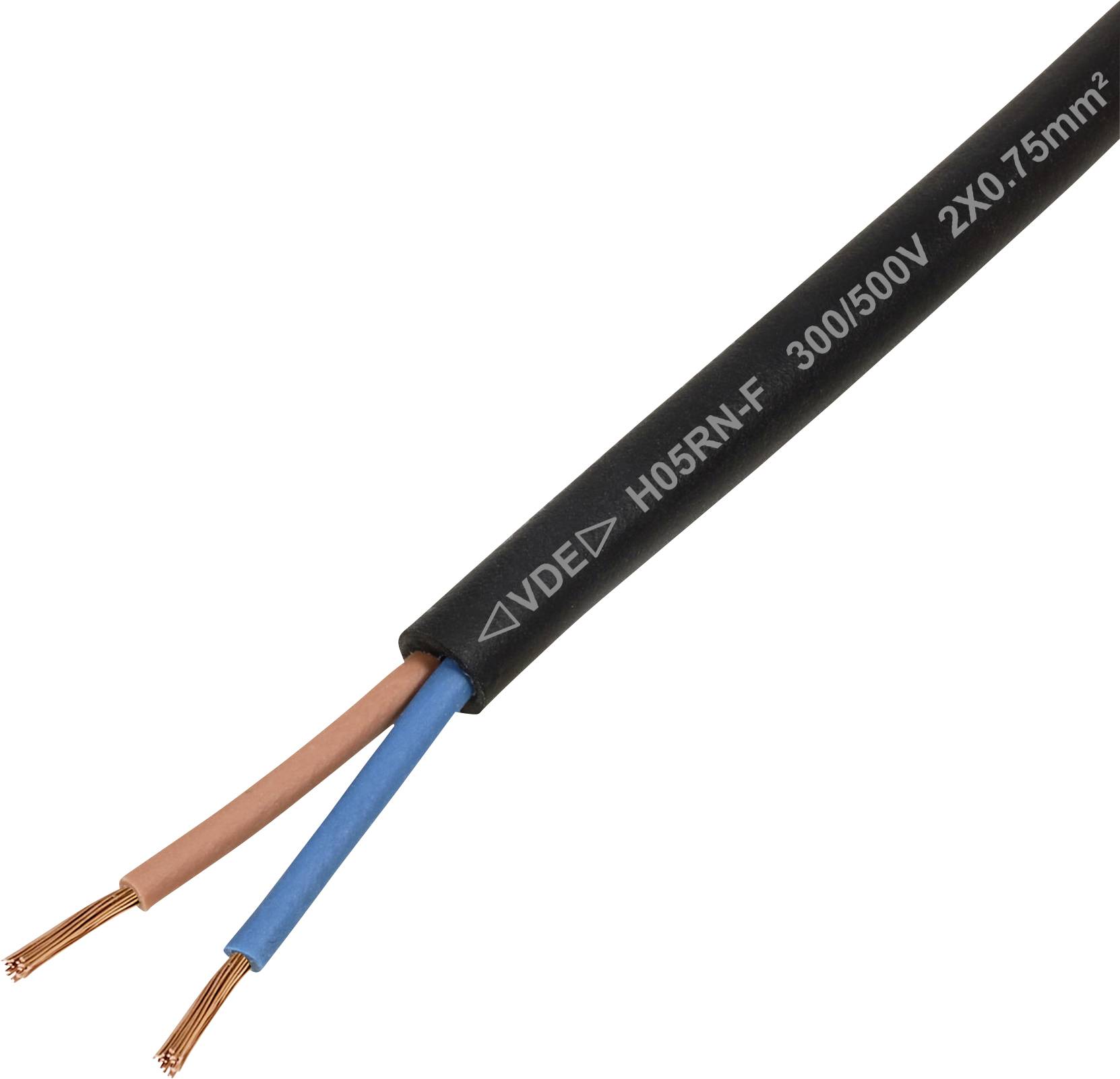 Câble électrique avec deux fils de cuivre exposés ; un bleu, un marron. Les marquages sur le câble indiquent le type H05RN-F, 300/500V, 2x0,75mm².