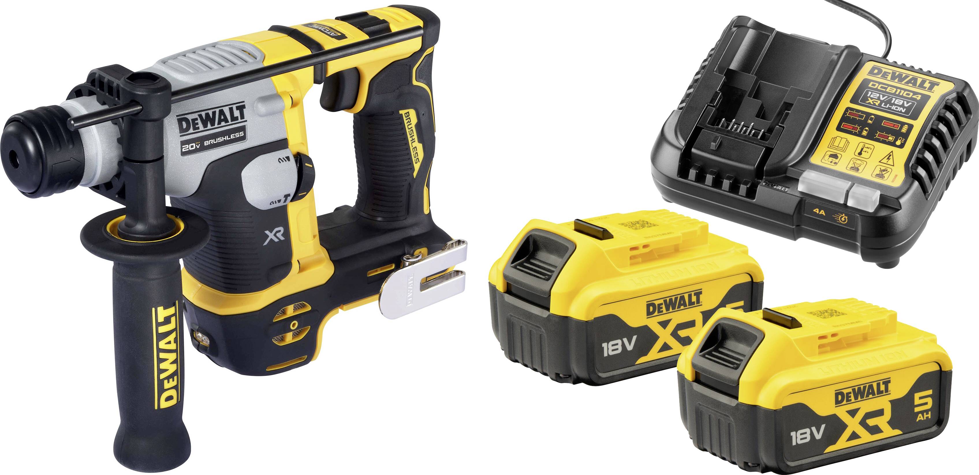 Marteau perforateur sans fil avec chargeur et deux batteries XR 18V de 5Ah, dans le design jaune et noir typique de DeWalt.