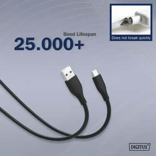 Digitus Câble USB USB 2.0 USB-A mâle, USB-C® mâle 1.00 m noir flexible, très flexible, avec USB, silicone, excellente tenue au Digitus Câble USB USB 2.0 USB-A mâle, USB-C® mâle 1.00 m noir flexible, très flexible, avec USB, silicone, excellente tenue au