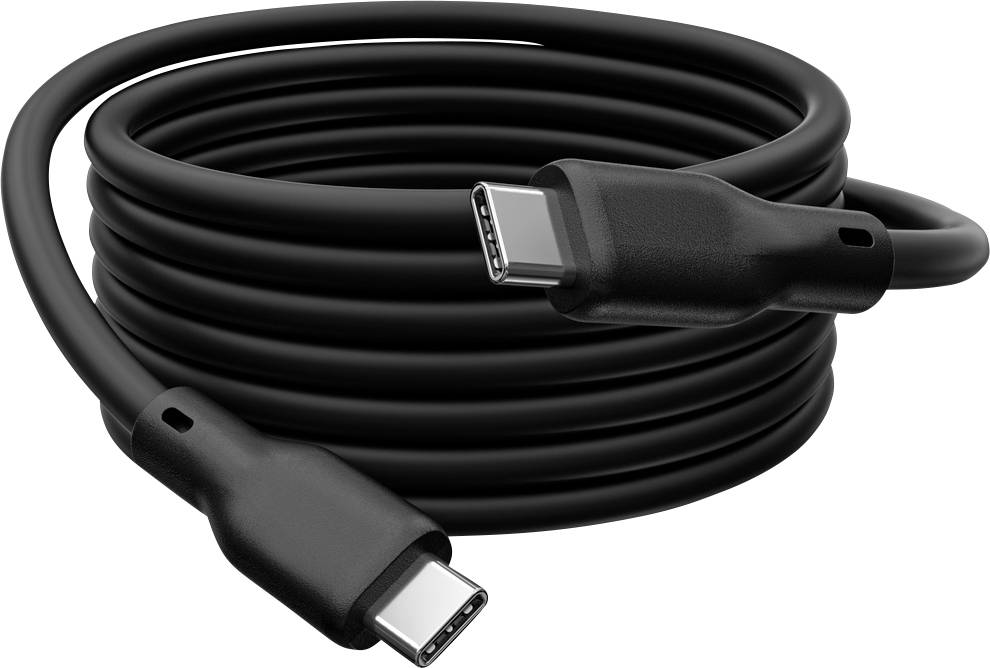 Un câble USB-C noir enroulé plusieurs fois. Il possède des connecteurs aux deux extrémités et convient pour le transfert de données ou la recharge.