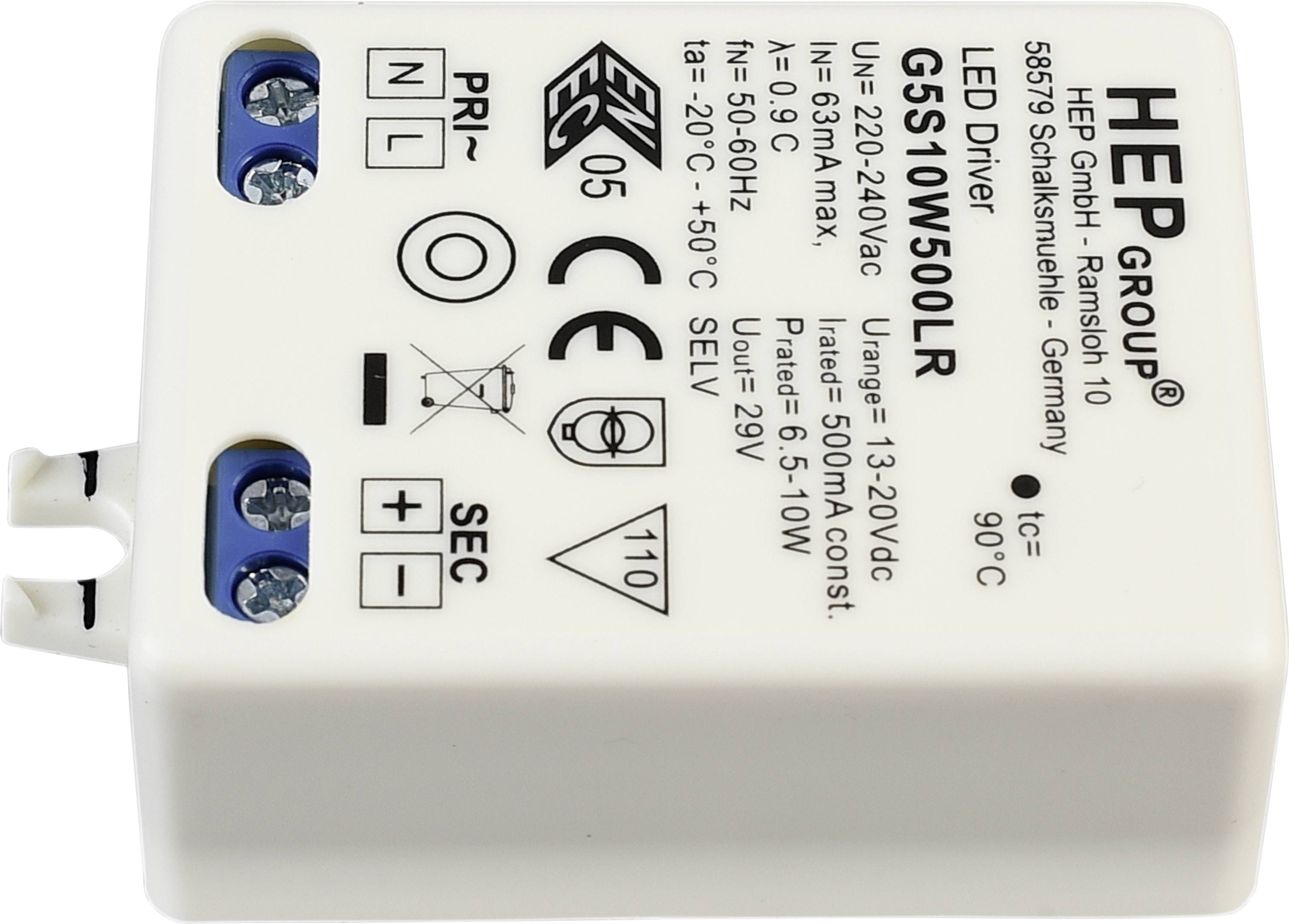 Module de pilotage de HEP Group, modèle G5S10W500LR, puissance de 10W, entrée 12-20V DC, sortie 5W 10V, classe de protection SELV, fabriqué en Allemagne.