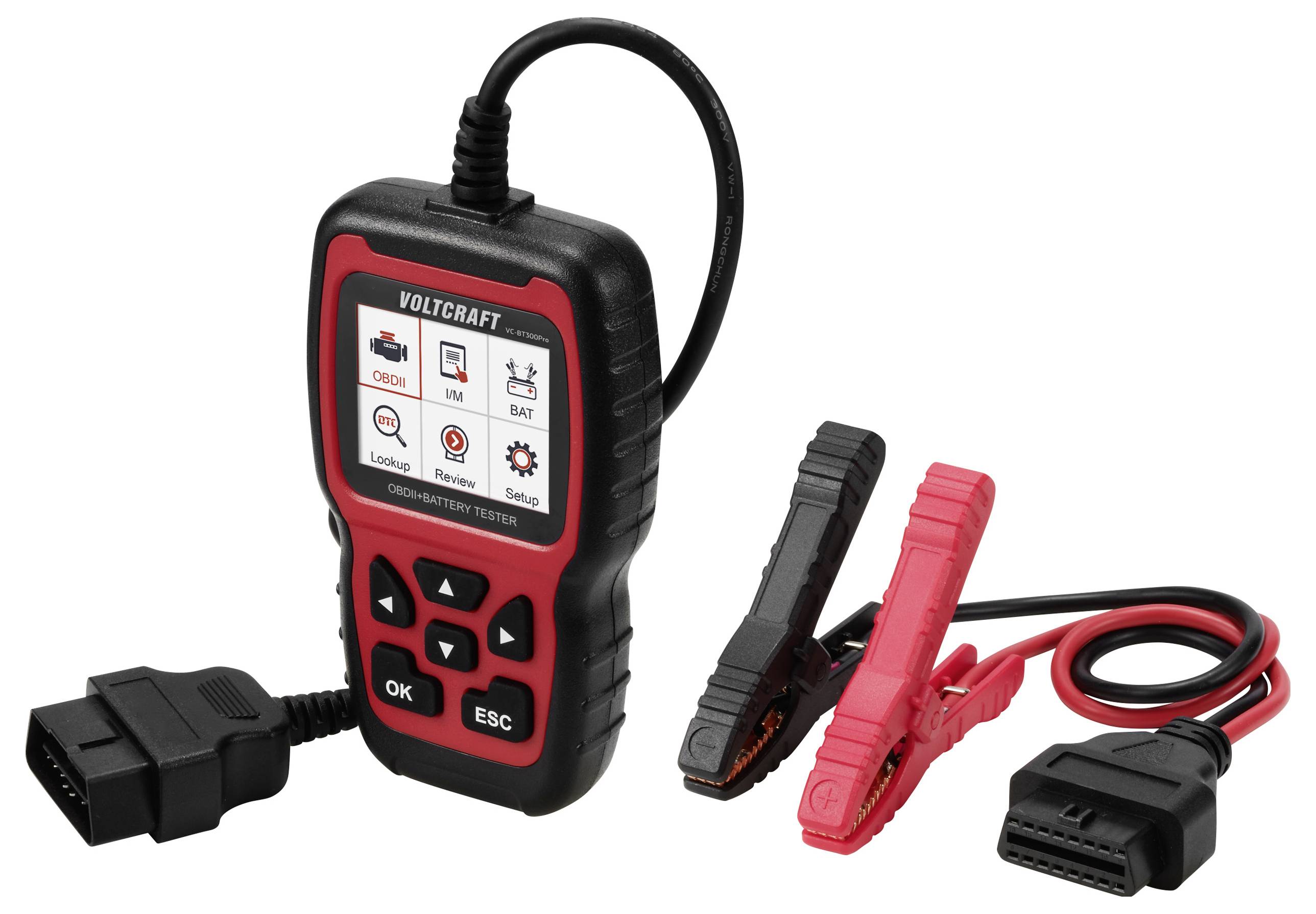 Appareil de diagnostic électronique avec écran et touches de commande. Deux bornes en rouge et noir pour la connexion à une source de courant.