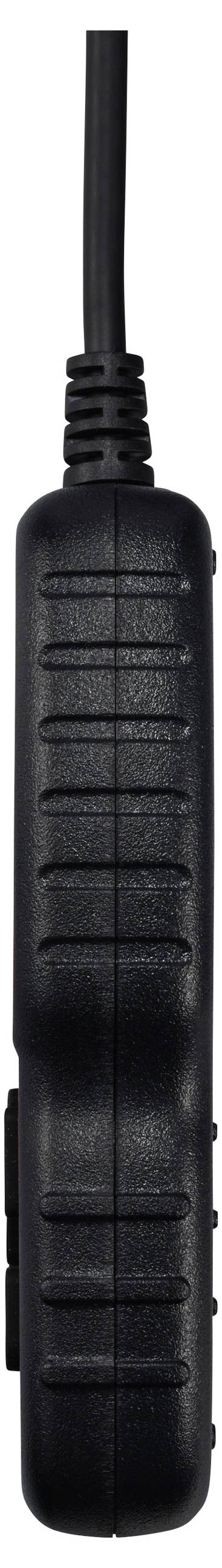 Prise noire, allongée, avec une poignée striée et un câble sortant par le haut. Adaptée aux appareils électroniques.