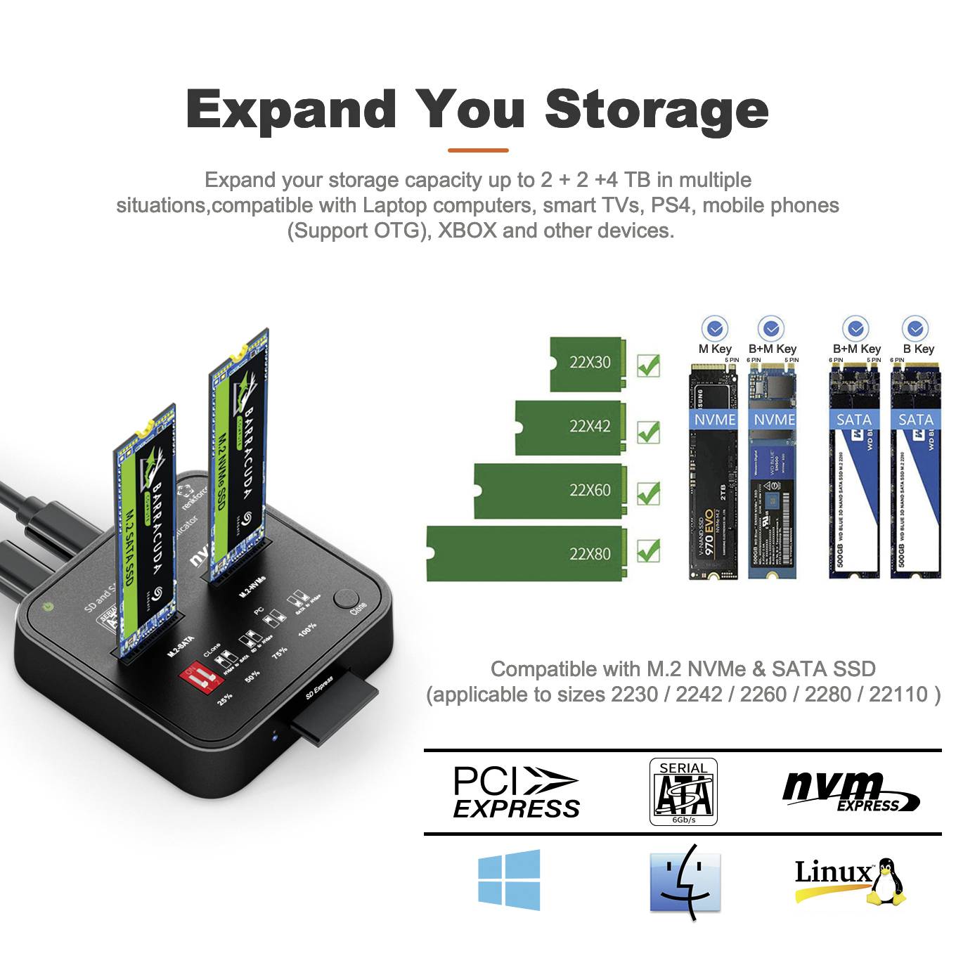 Dispositif d'extension de stockage : Prend en charge M.2 NVMe & SATA, compatible avec les consoles de jeux et les ordinateurs ; PCI Express, 2230 à 2280.