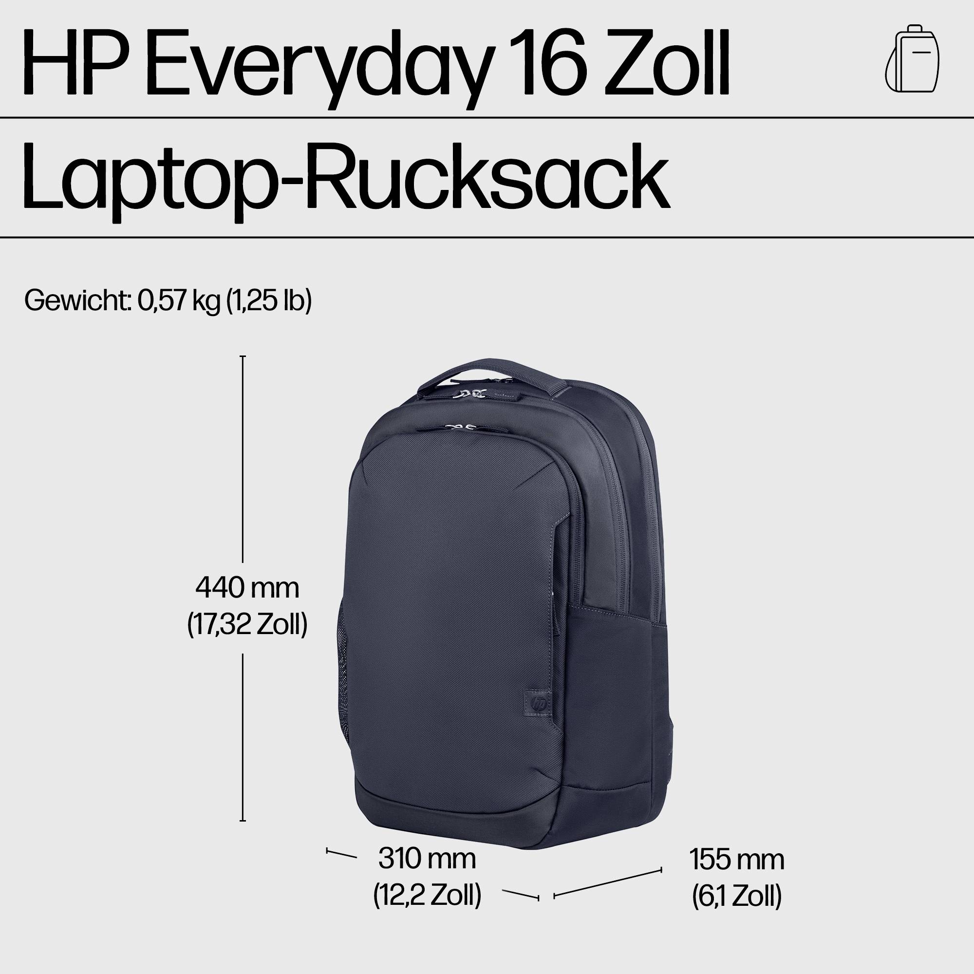 Sac à dos pour ordinateur portable HP Everyday 16 pouces, poids 0,57 kg (1,25 lb), dimensions : 440 mm (17,32 pouces) H, 310 mm (12,2 pouces) L, 155 mm (6,1 pouces) P.