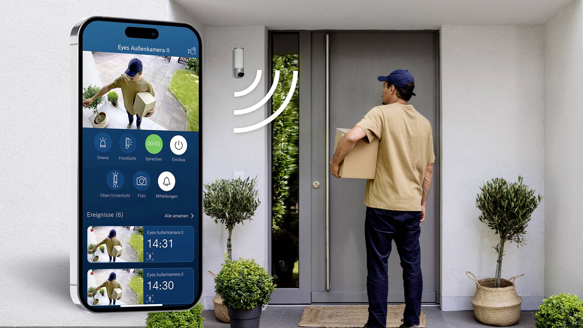 Un homme livre un colis à la porte d'entrée, tandis qu'une application mobile affiche l'heure d'arrivée et des images.