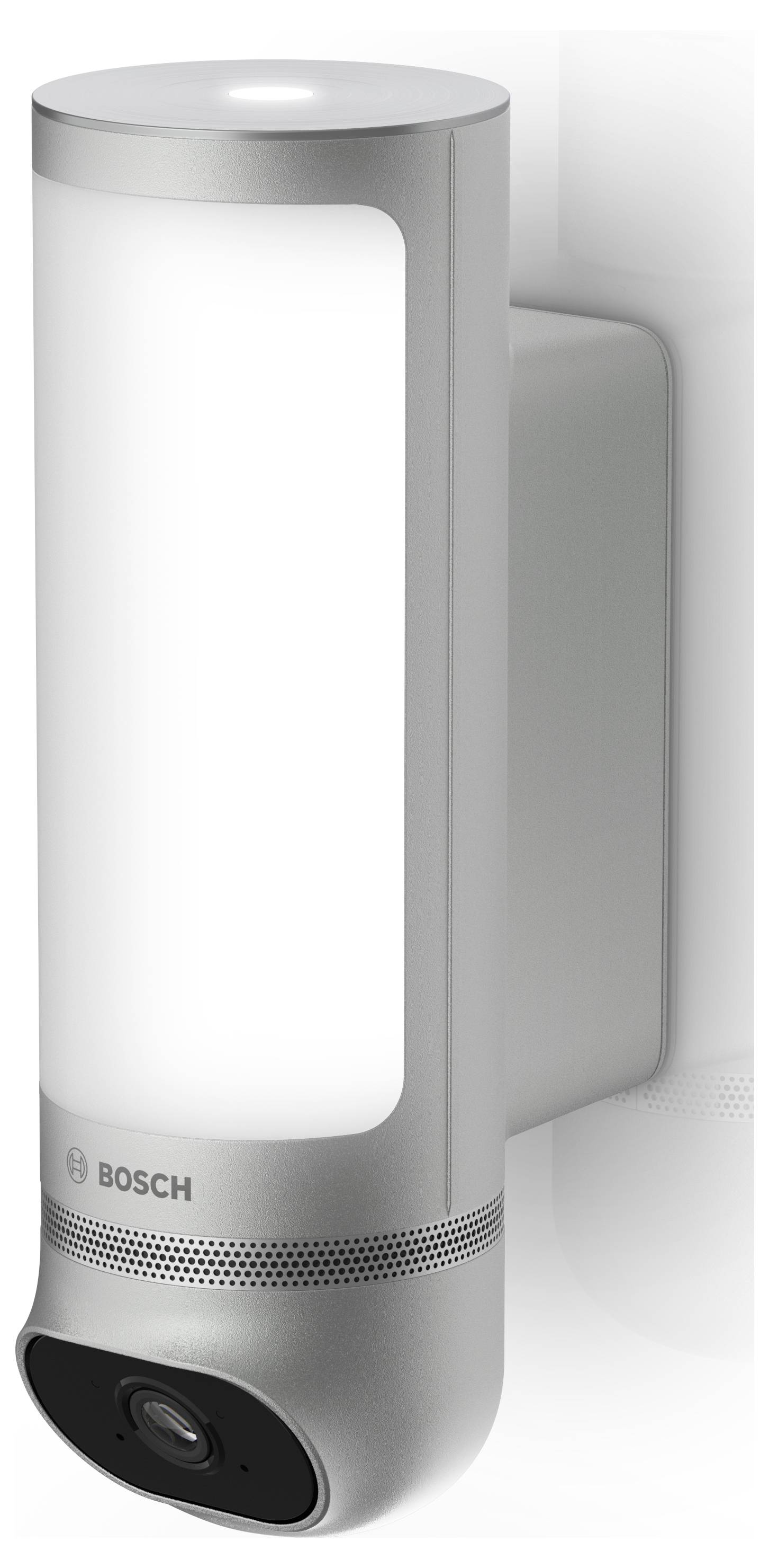 Une caméra extérieure argentée de Bosch avec éclairage LED intégré, adaptée à une installation murale.
