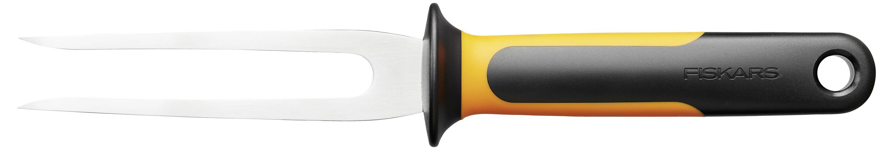 Fourchette à viande à deux dents avec manche noir et orange, adaptée pour trancher ou retourner la viande.