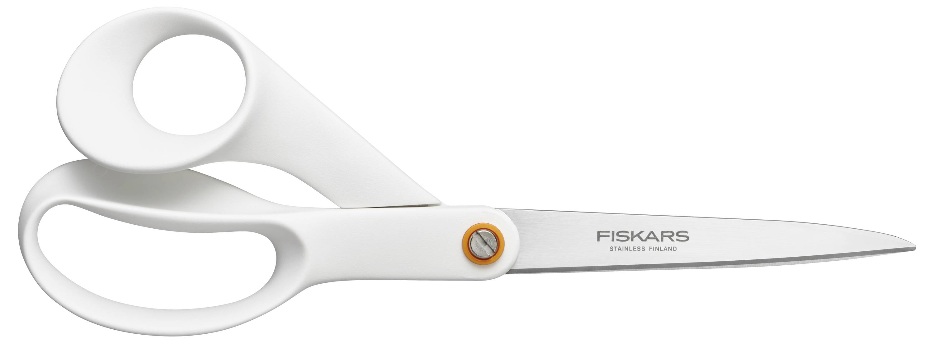 Ciseaux blancs avec des poignées ergonomiques et une lame argentée sur laquelle est inscrit 'Fiskars'.