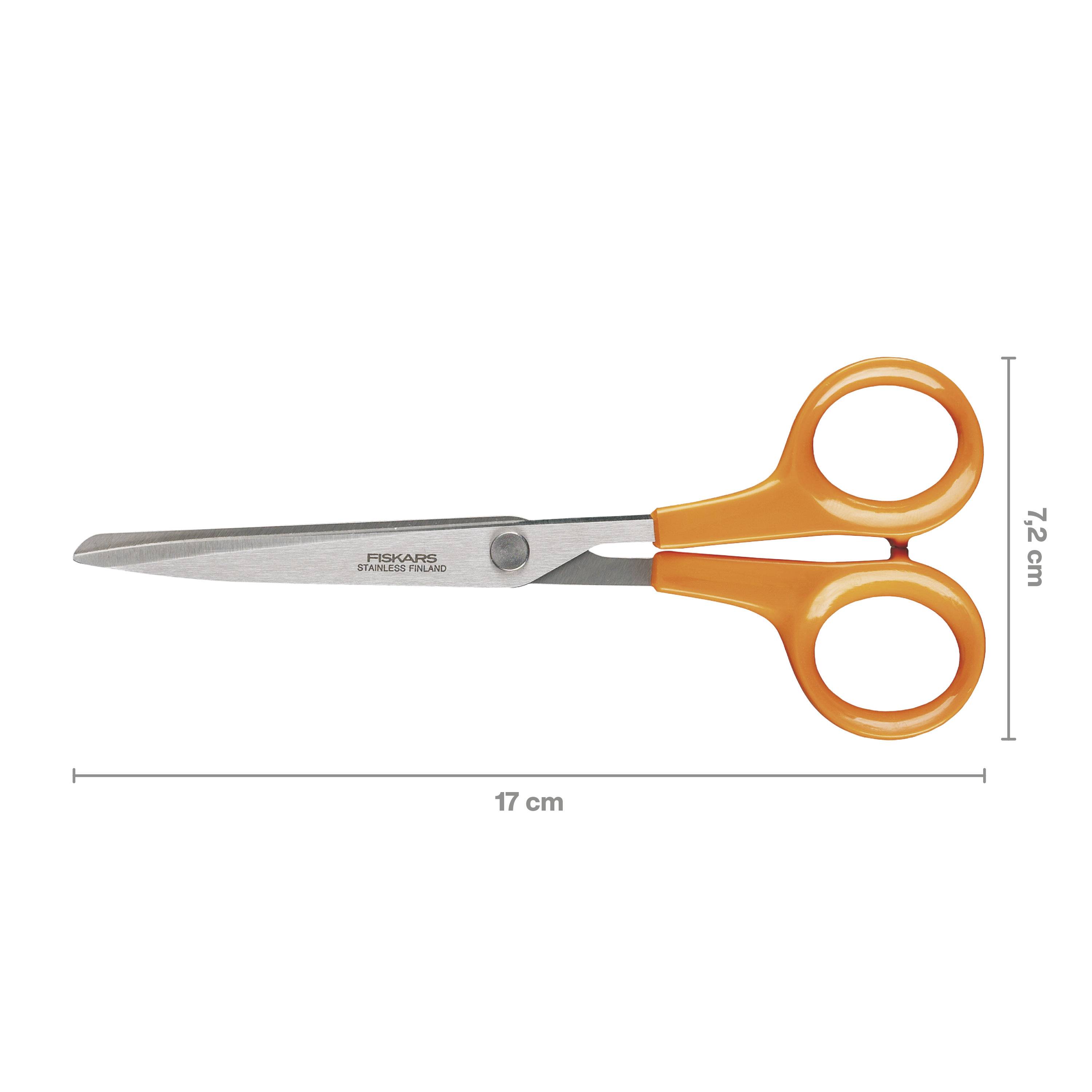 Une paire de ciseaux orange d'une longueur de 17 cm et d'une largeur de 7,2 cm.