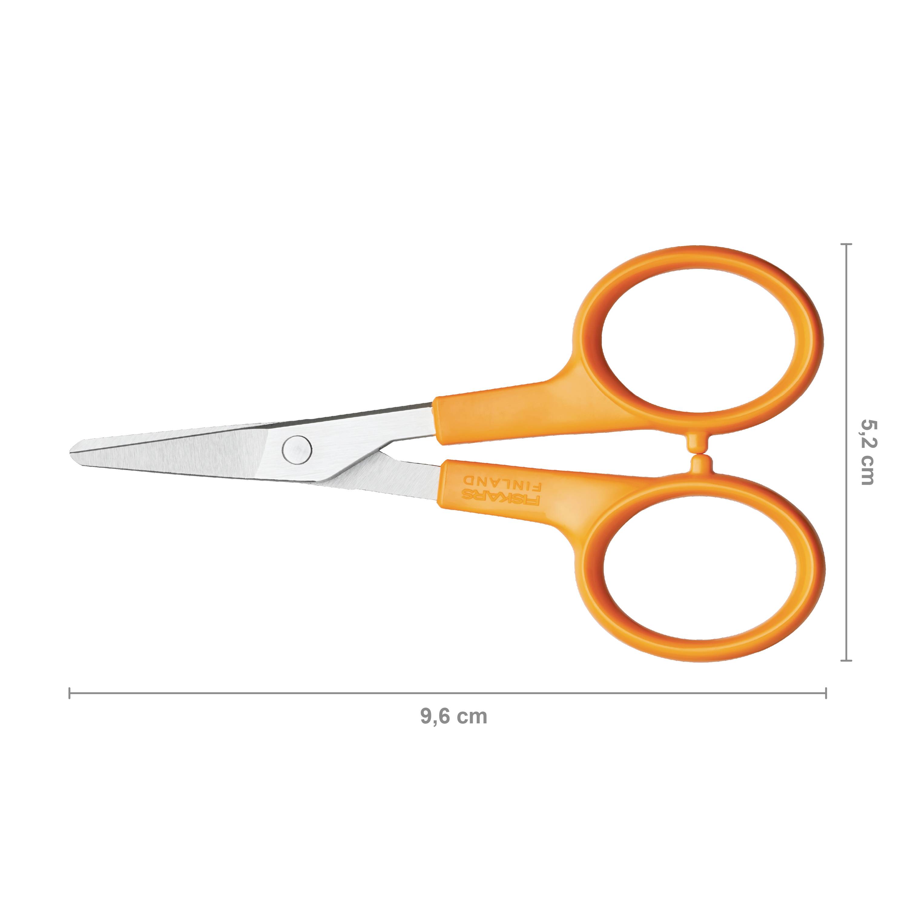 Ciseaux avec poignées orange, longueur 9,6 cm. Adaptés pour une coupe précise.