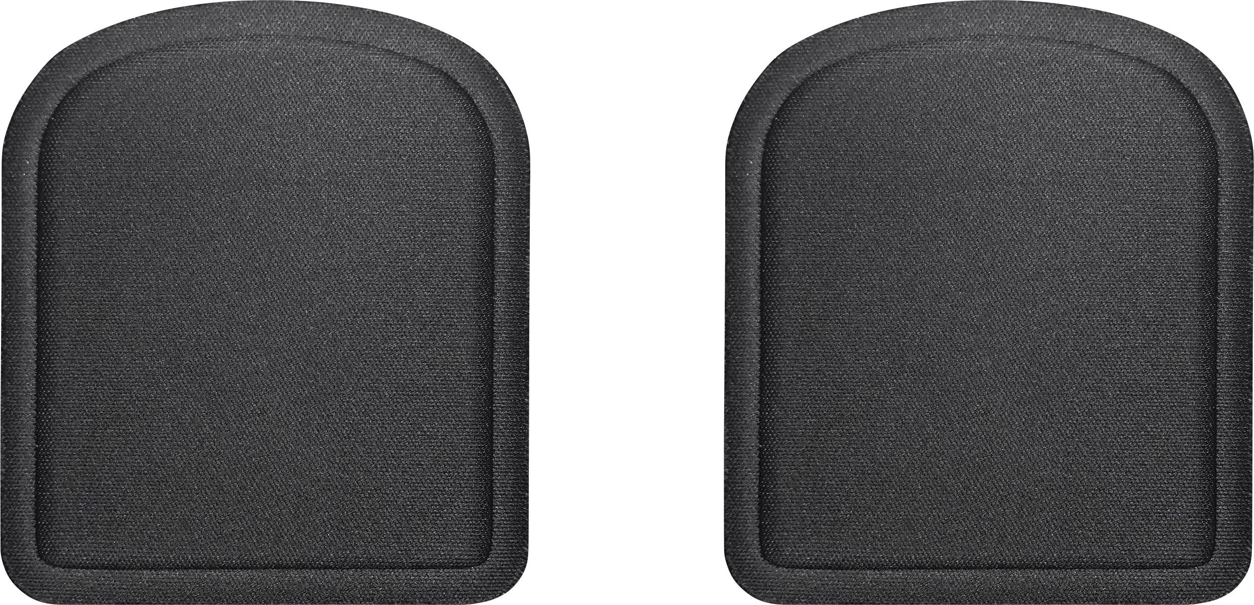 Deux coussinets rectangulaires noirs en tissu aux angles arrondis, placés côte à côte sur un fond blanc.
