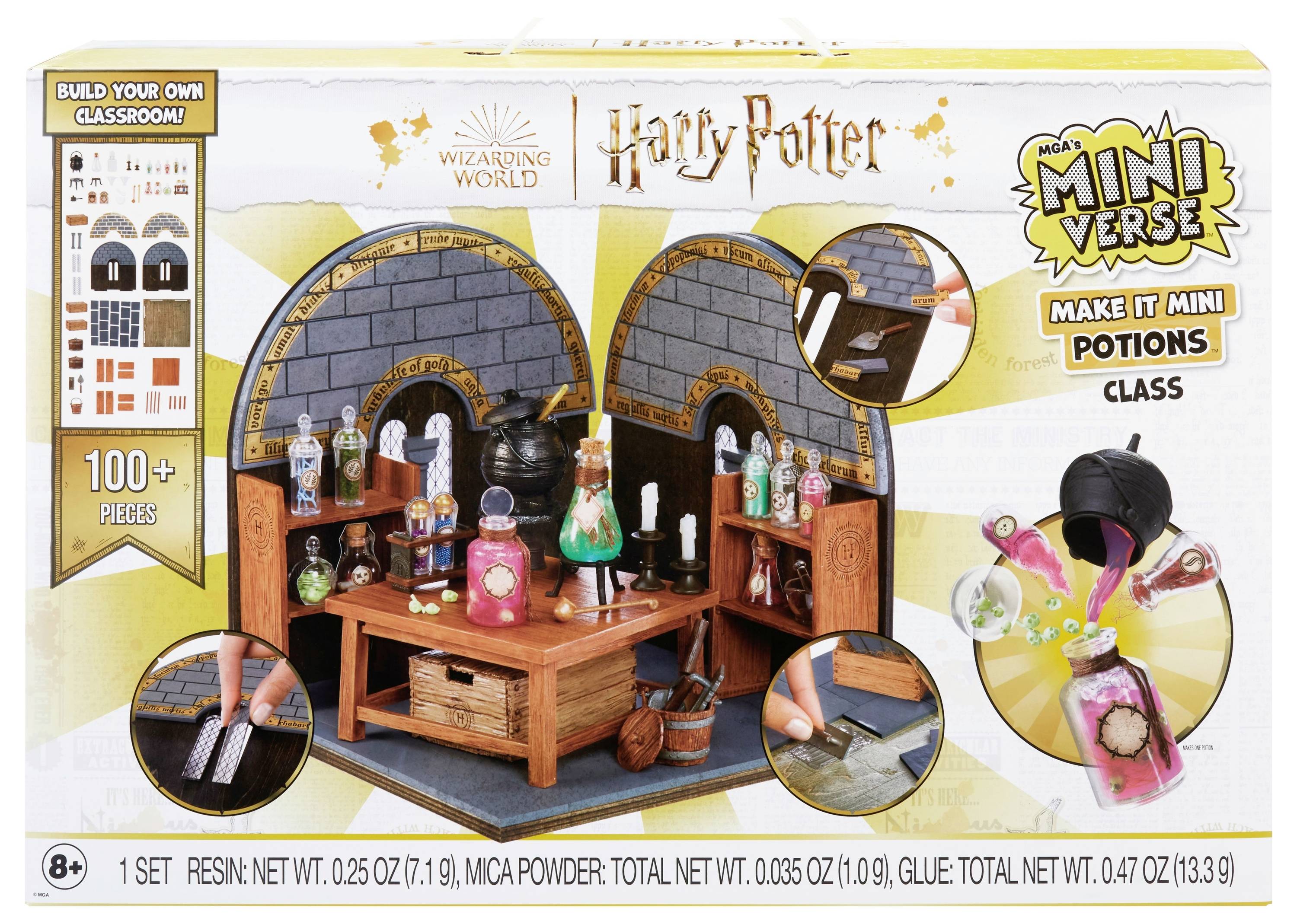 Mini-ensemble de jeu 'Harry Potter' avec plus de 100 pièces pour reproduire une salle de classe de potions magiques. Comprend des flacons, des chaudrons et des accessoires. À partir de 8 ans.