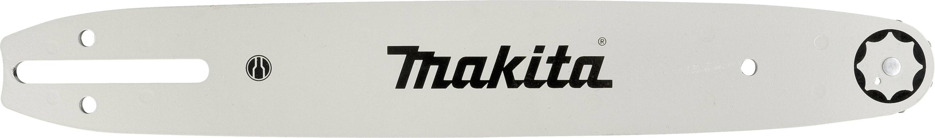 Guide-chaîne Makita. Argenté, long et étroit, avec plusieurs trous de fixation pour être monté sur une tronçonneuse.