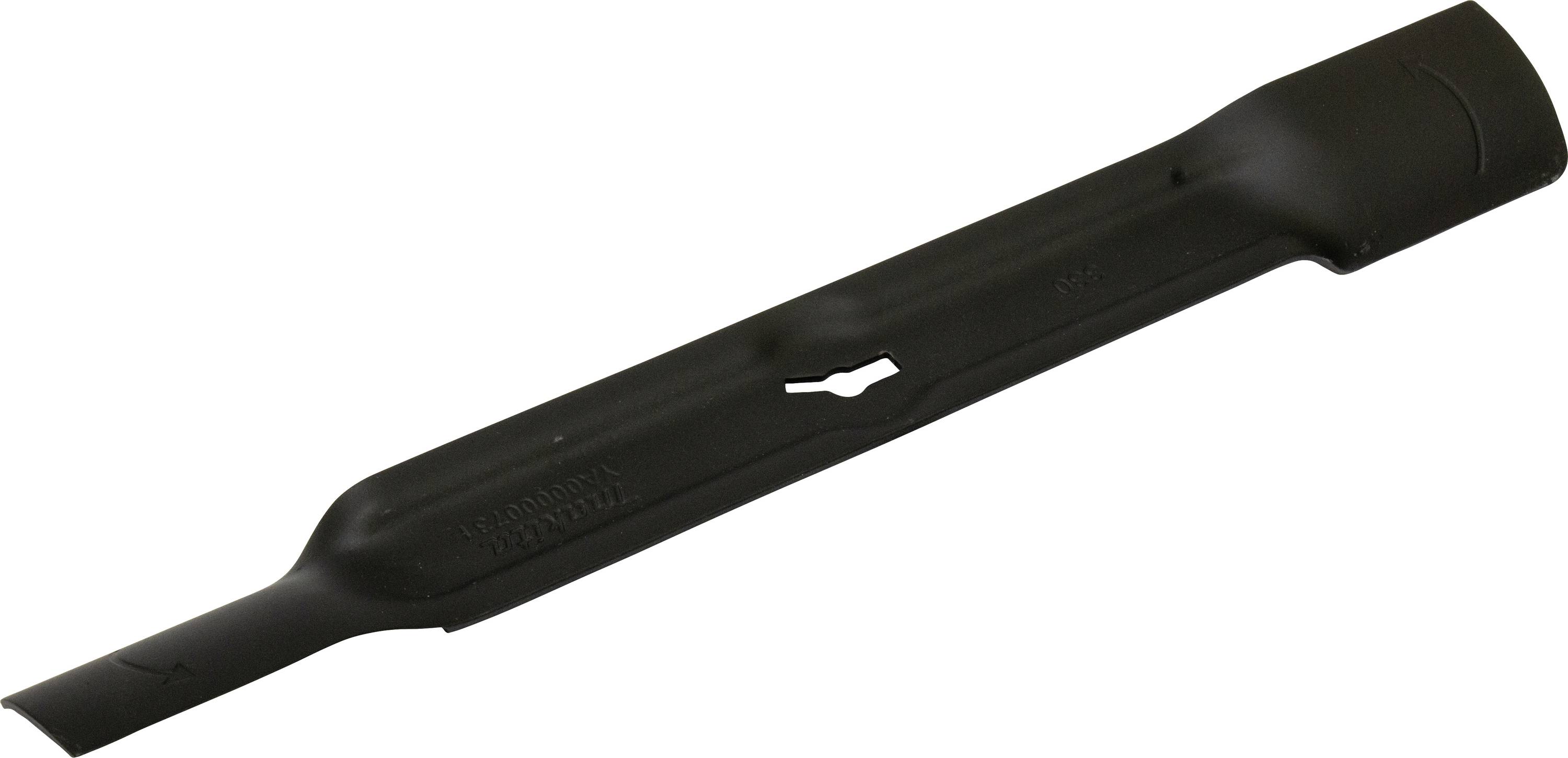 Une lame de tondeuse à gazon en métal noir avec des bords biseautés et un trou de fixation central, adaptée à l'entretien des pelouses.