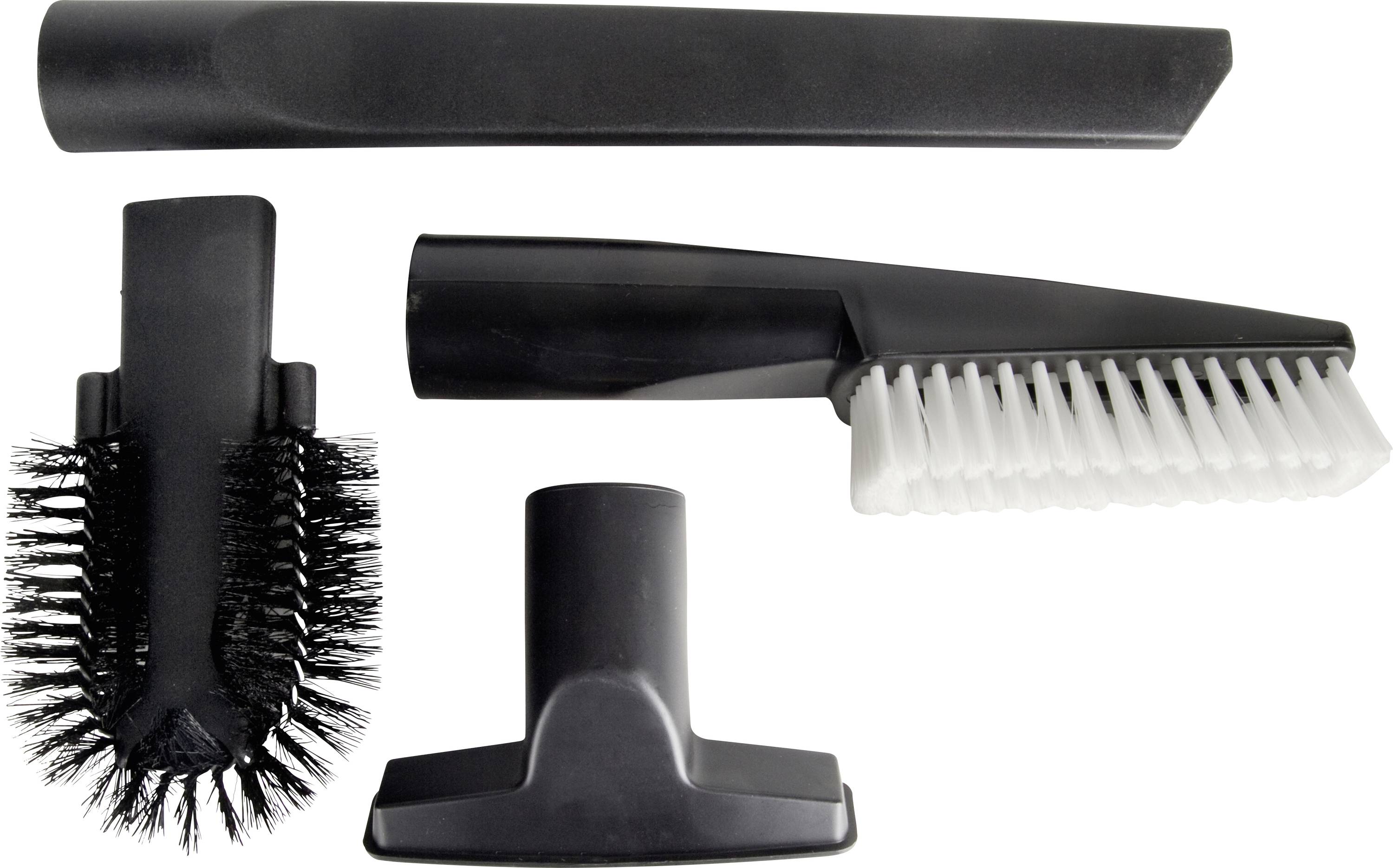 Quatre différentes buses d'aspirateur sur un fond blanc : une buse pour fentes, une buse à brosse, une buse pour meubles rembourrés et une brosse pour tapis.