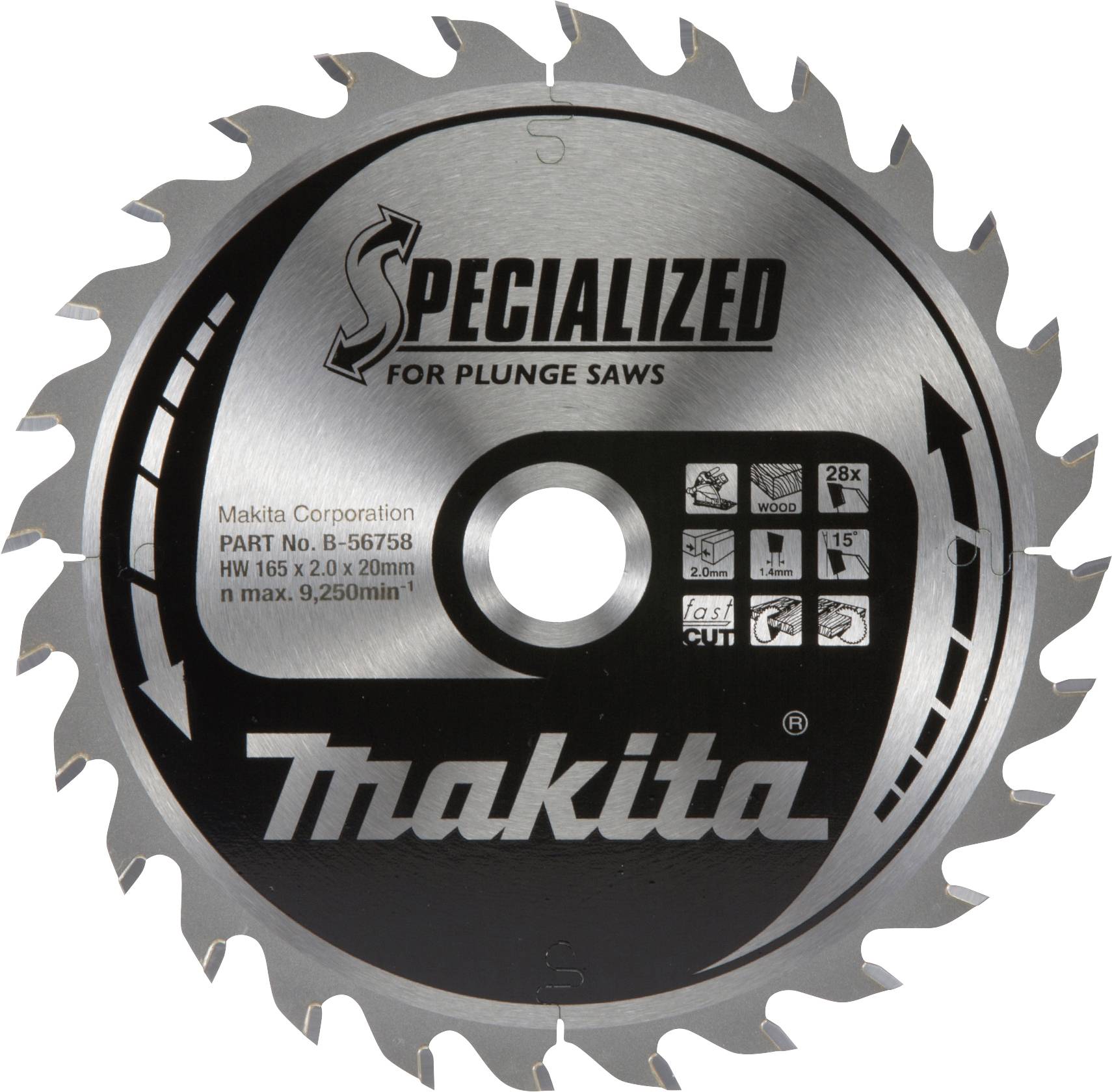 Lame de scie circulaire Makita pour scies plongeantes, numéro de modèle B-56758, diamètre 165 mm, avec inscription 'SPECIALIZED'.