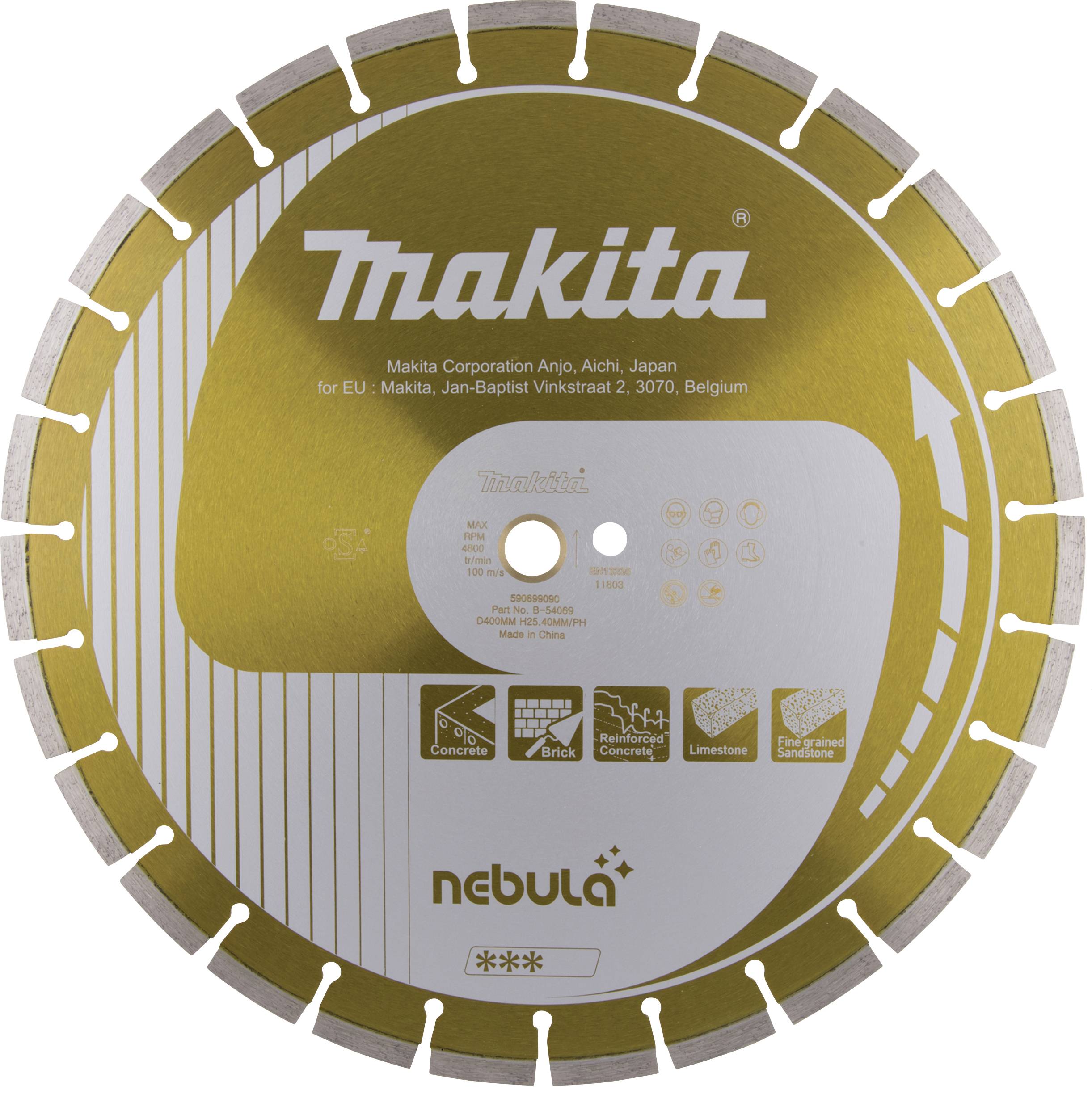 Lame de scie circulaire Makita à surface jaune et symboles noirs représentant différents matériaux. Adaptée au béton, aux briques et au calcaire.