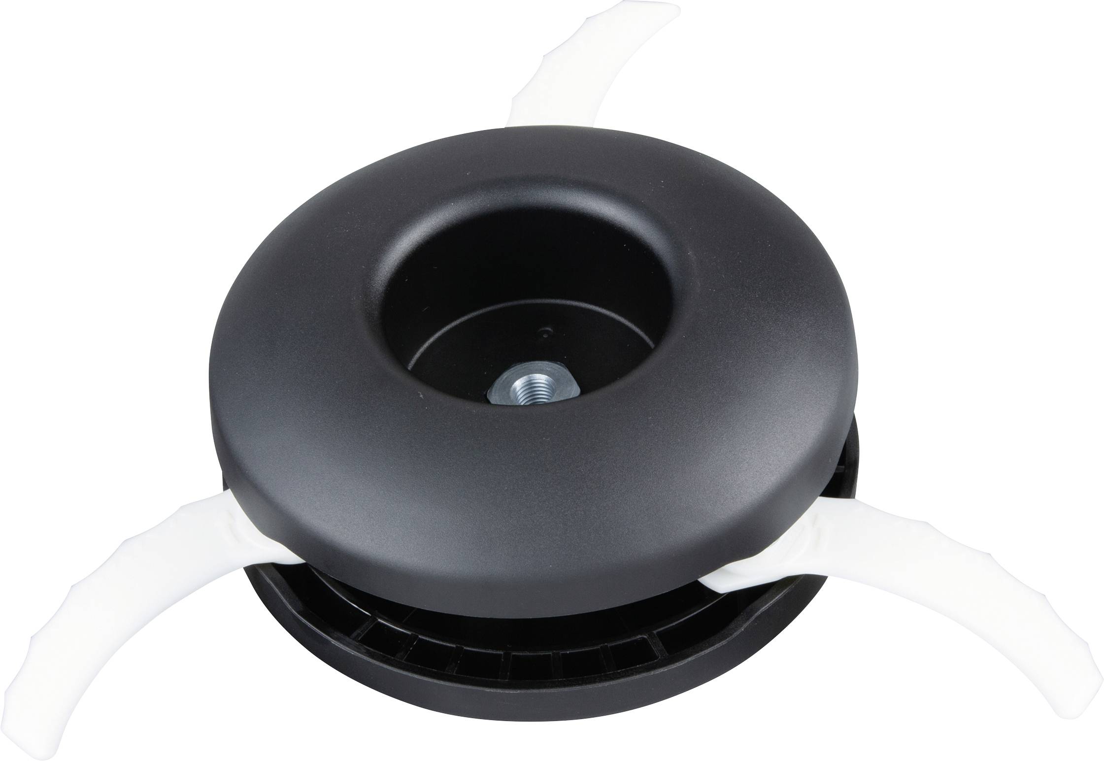 Une bobine de fil de tondeuse à gazon noire avec trois lames blanches saillantes.