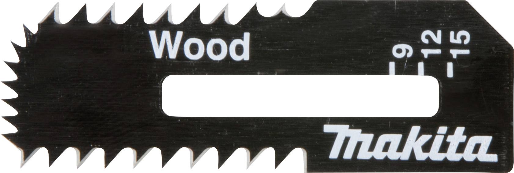 Gabarit noir et blanc de lame de scie avec des dents, portant l'inscription 'Wood' et une échelle de 9 à 15, avec le nom de marque 'Makita' en bas à droite.