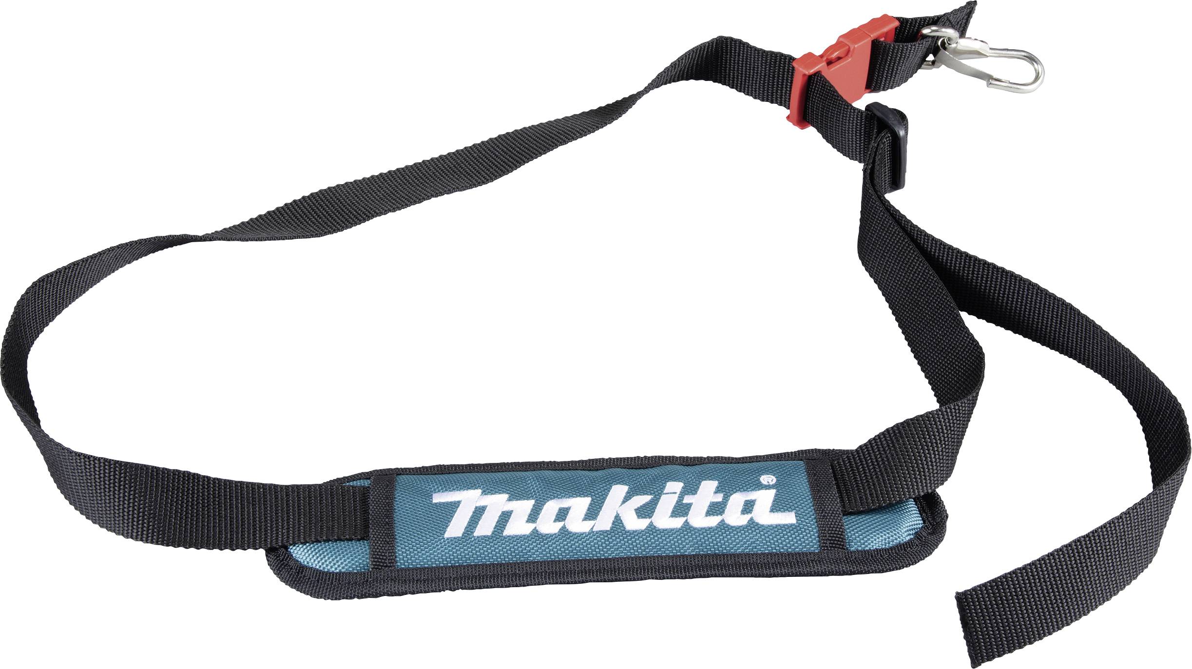 Une bandoulière noire avec un coussin bleu portant l'inscription 'Makita' en blanc. Elle dispose d'un fermoir rouge et d'un mousqueton.