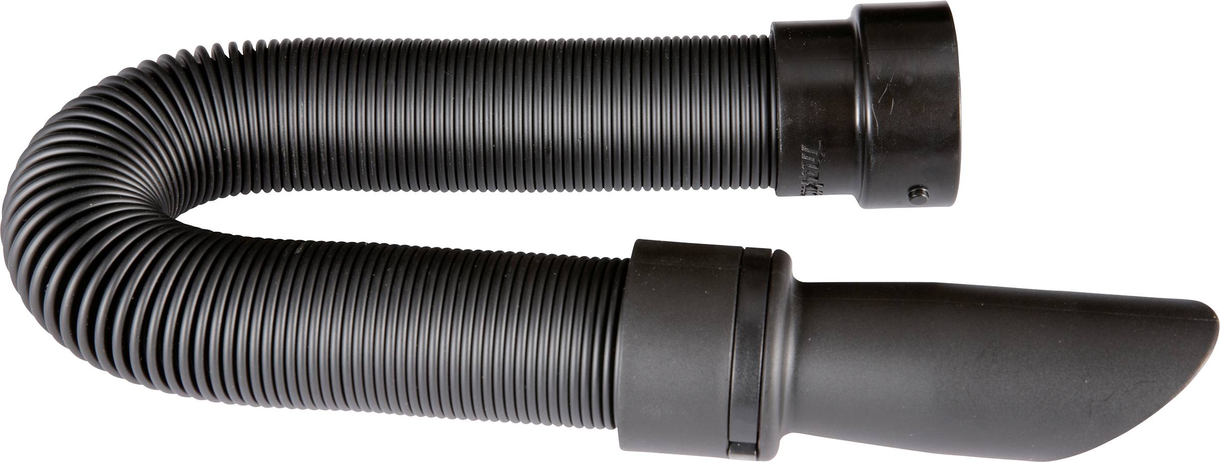 Un tuyau d'aspirateur flexible, noir, avec deux embouts, muni d'une courte buse sur le côté droit. Adapté pour les travaux de nettoyage.