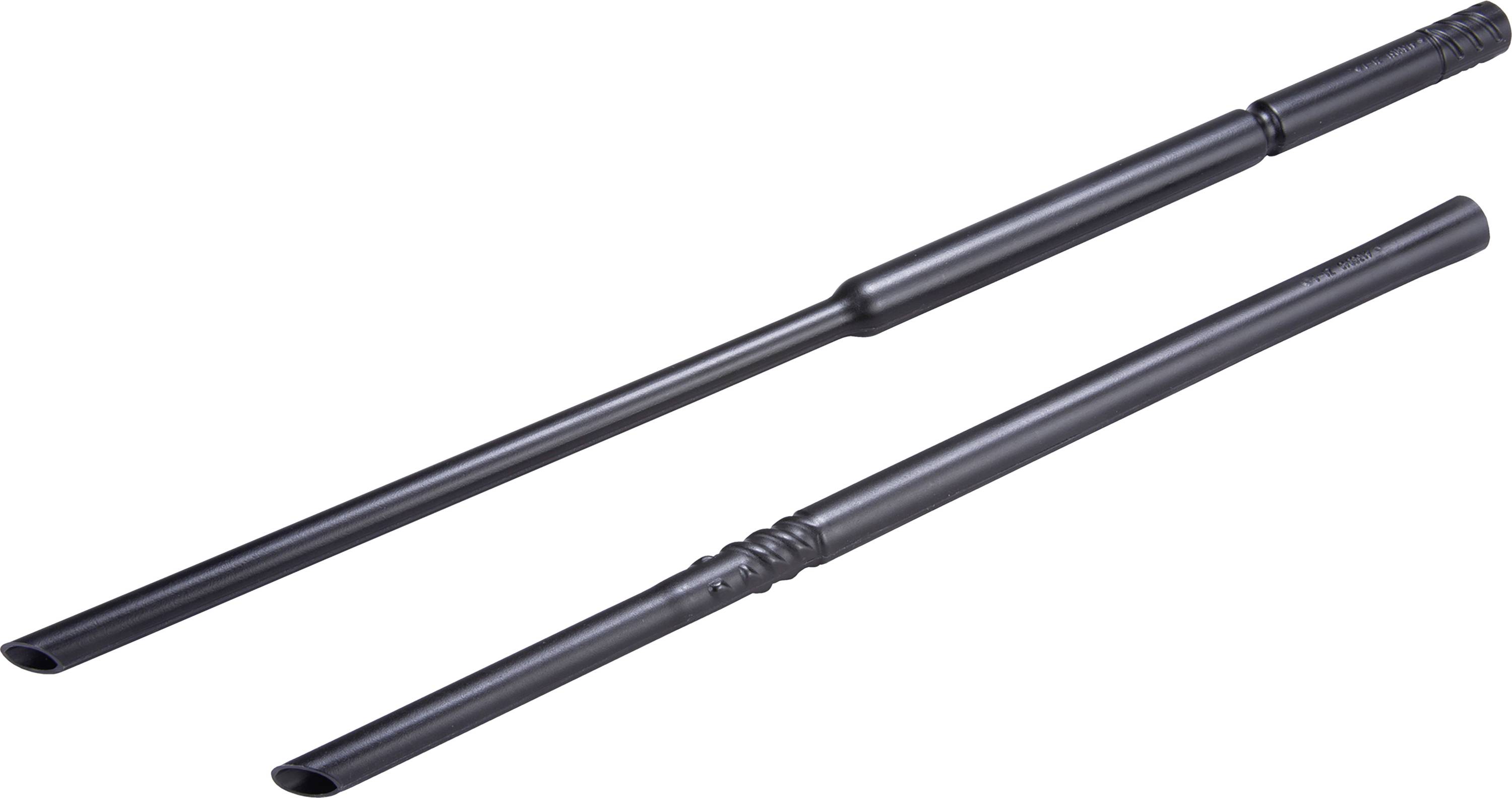 Deux tubes métalliques noirs, élancés et de longueurs différentes sont disposés côte à côte. Ils présentent des surfaces lisses et une forme cylindrique.