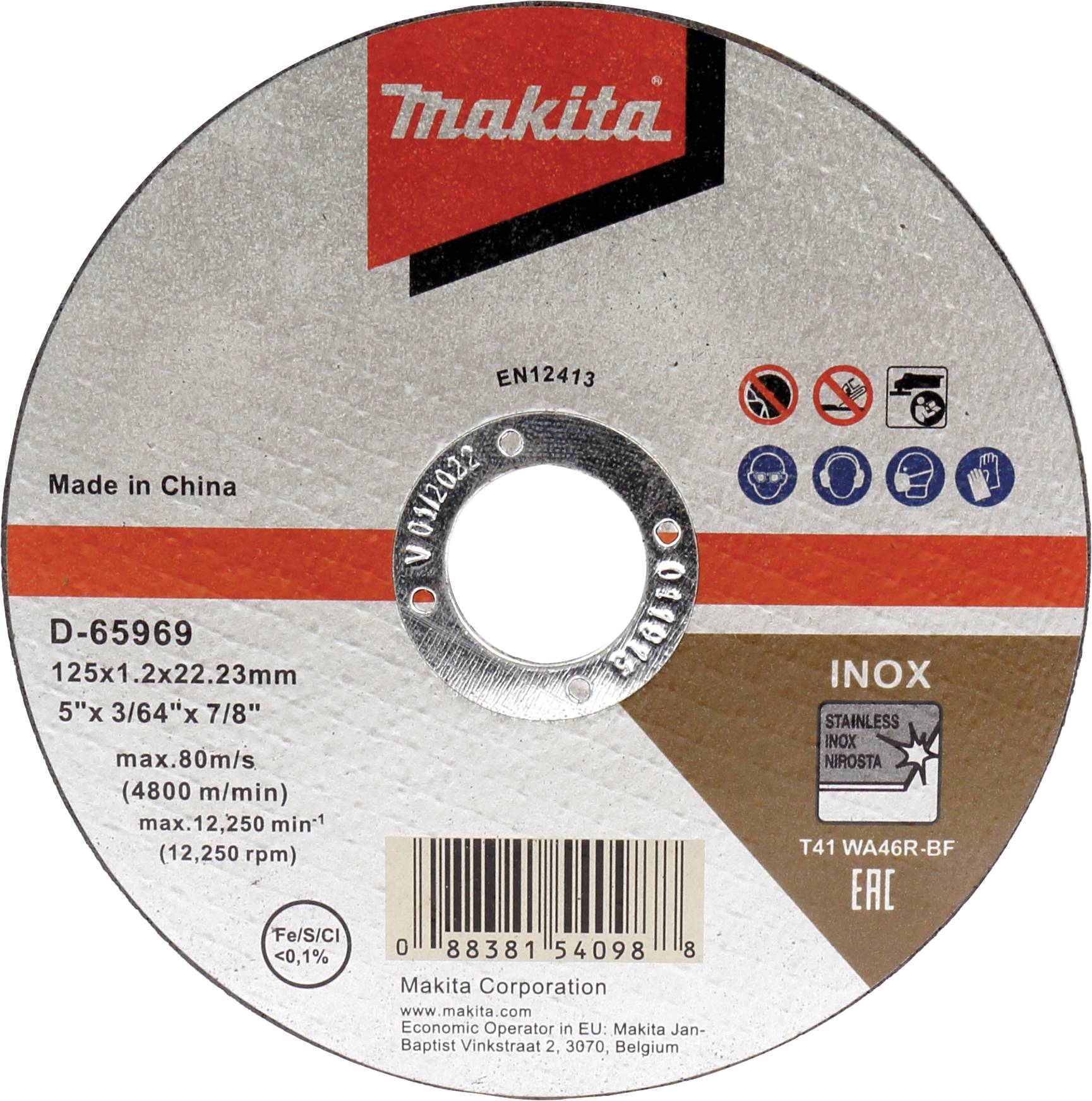 Disque à tronçonner Makita, Inox, 125x1,2x22,23mm, vitesse max. 80m/s, fabriqué en Chine. Contient des symboles d'avertissement et des informations sur le produit.
