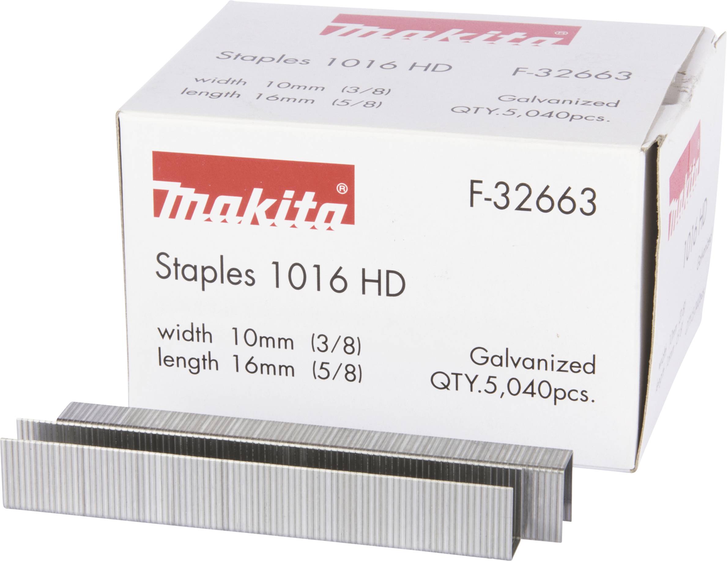 Emballage d'agrafes Makita, modèle 1016 HD, d'une largeur de 10 mm et d'une longueur de 16 mm. Contient 5040 pièces.