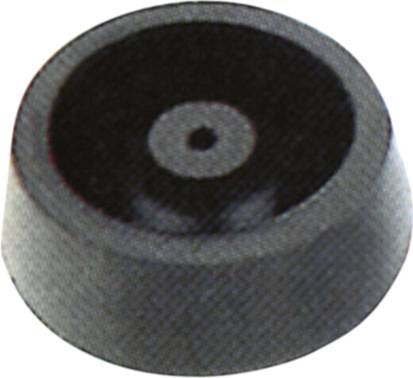 Bouton noir à surface bombée avec une dépression circulaire prononcée au centre, adapté aux appareils électroniques.