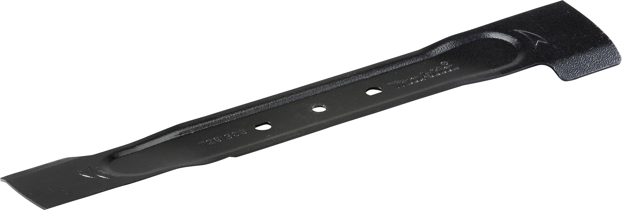 Une lame de tondeuse à gazon unique en noir, de forme droite avec trois trous de fixation au centre, adaptée aux tondeuses à gazon.