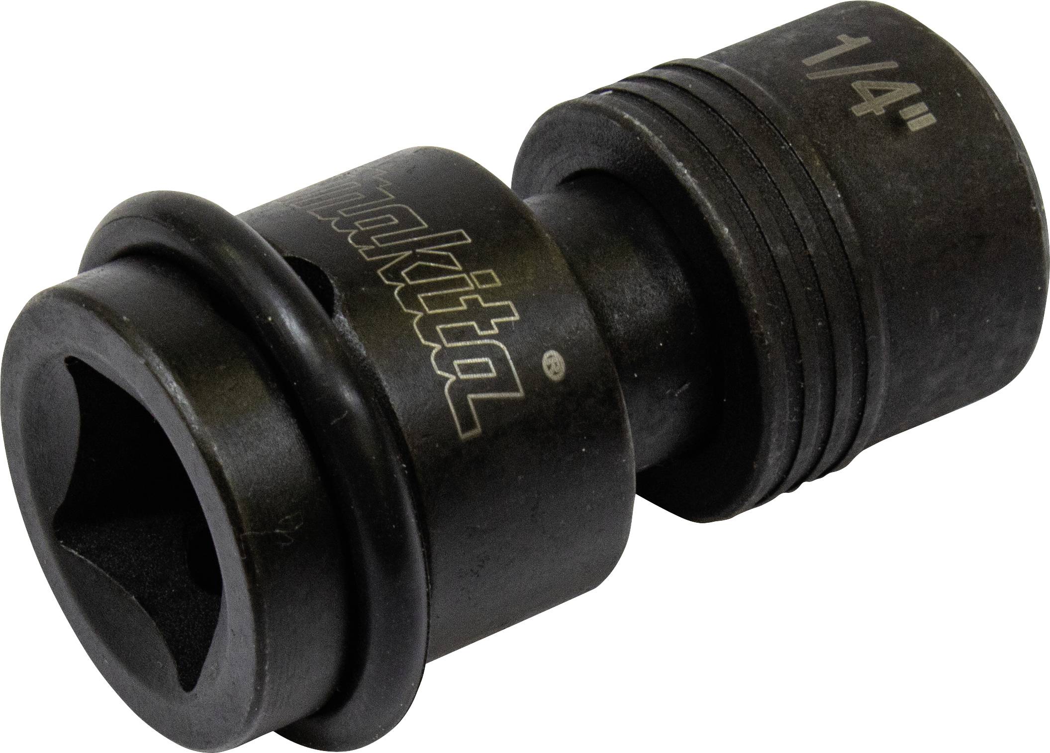 Adaptateur 'Makita' avec douille de 1/4 de pouce, adapté aux outils, en métal gris foncé ; utilisé pour la fixation d'embouts de vissage.