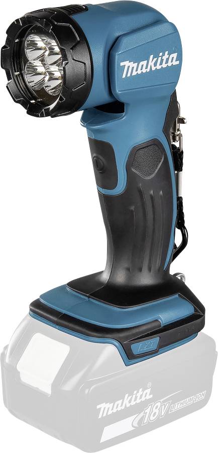 Une lampe torche sans fil bleue et noire de marque 'Makita', dotée d'une tête orientable, avec plusieurs LED, sans batterie attachée.